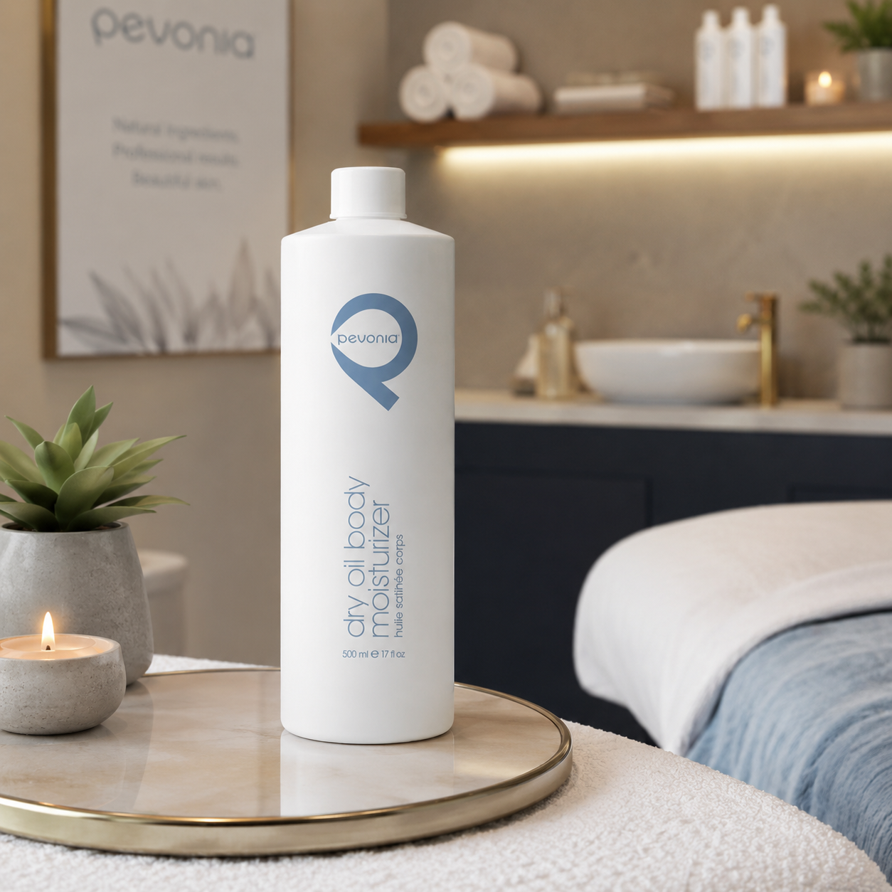 Pevonia Dry Oil Body Moisturiser displayed in an upmarket day spa treatment room, supporting lightweight body hydration, nourishment and a silky-soft skin finish.