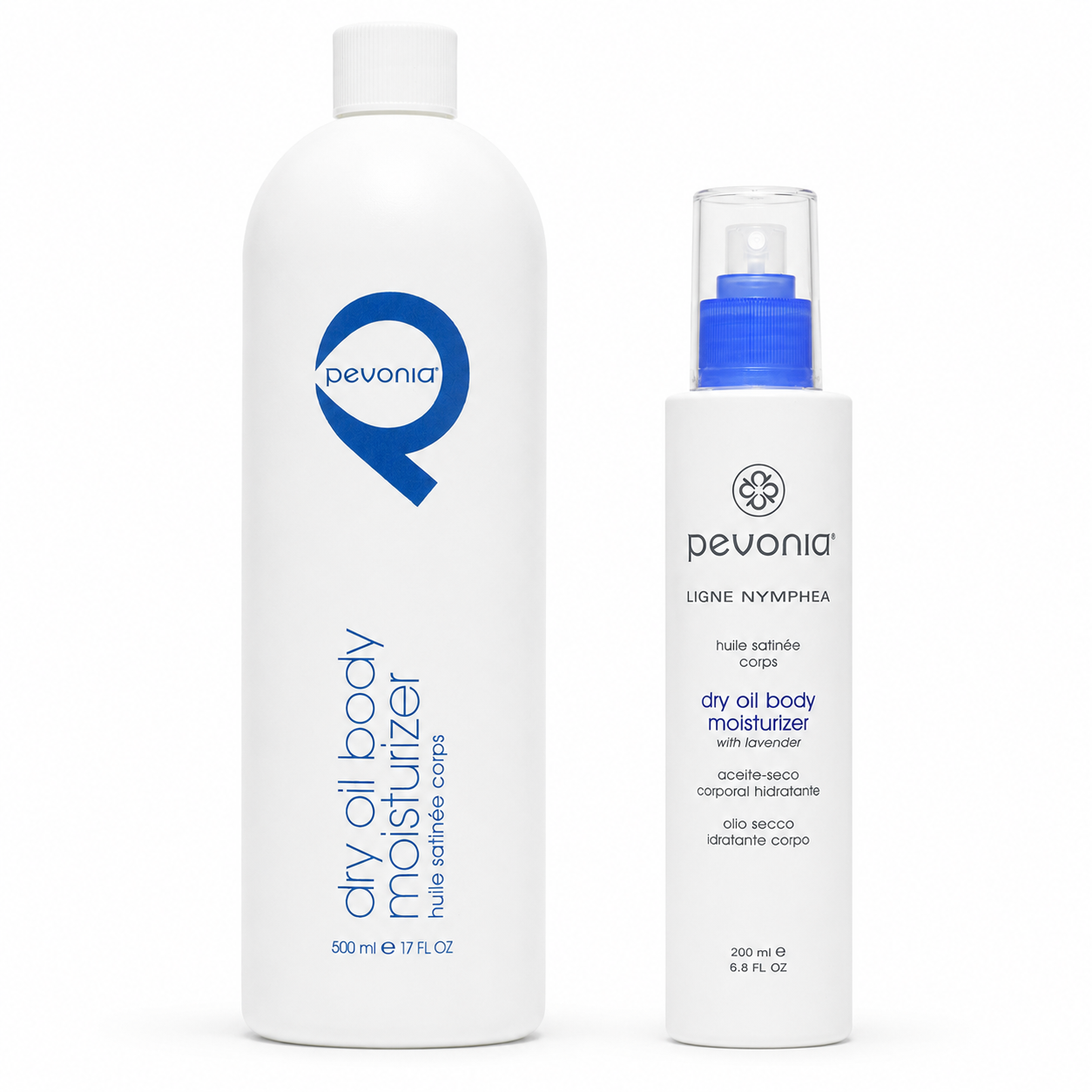 Pevonia Dry Oil Body Moisturizer retail and professional variant image for lightweight hydration, helping nourish dry skin and leave the body silky-soft, smooth and radiant.