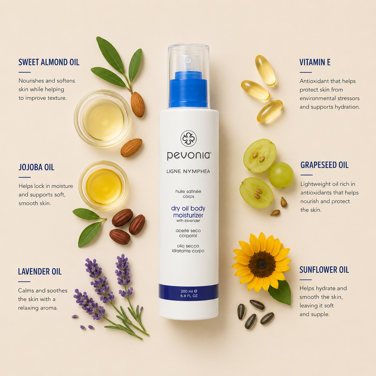 Minimal Pevonia Dry Oil Body Moisturizer with Lavender ingredient flatlay featuring sweet almond oil, jojoba oil, lavender oil, vitamin E, grapeseed oil and sunflower oil arranged with clean spacing around the body moisturizer bottle on a soft neutral background