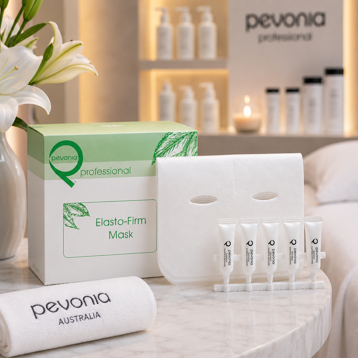 Pevonia Elasto-Firm Mask treatment set displayed in a luxury spa treatment room for firming professional facial treatments.
