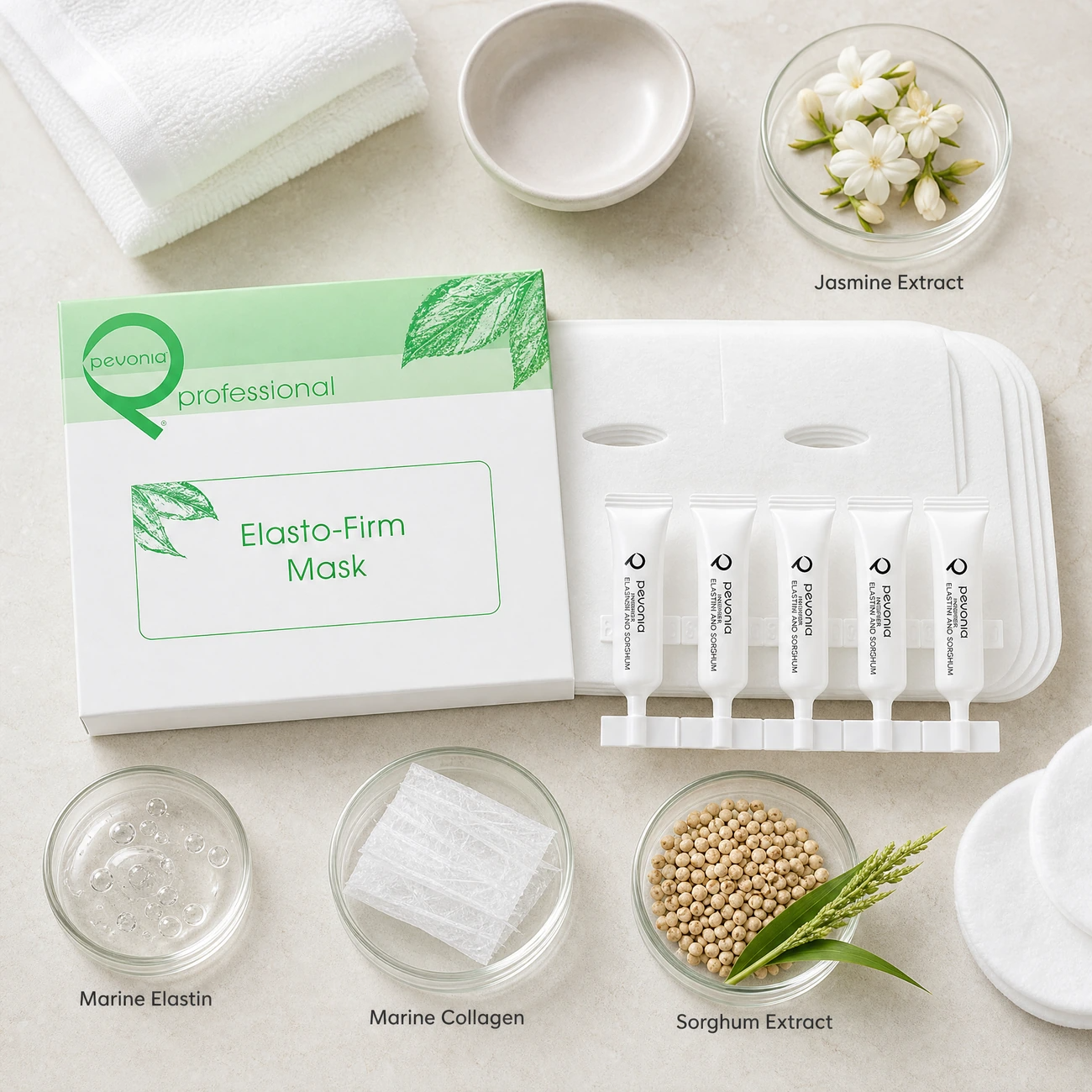 Pevonia Elasto-Firm Mask Treatment ingredients flatlay with Marine Elastin, Marine Collagen, Sorghum extract, and Jasmine blossoms in clean glass petri dishes for professional B2B education.