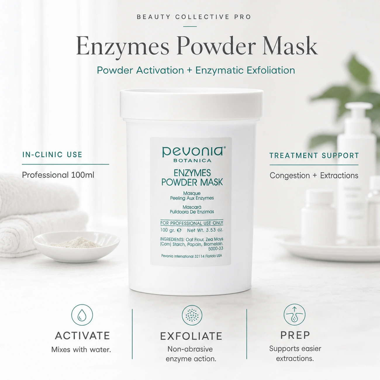 Pevonia Enzymes Powder Mask 100ml clinic-use education image for professional powder activation, enzymatic exfoliation and extraction preparation support.