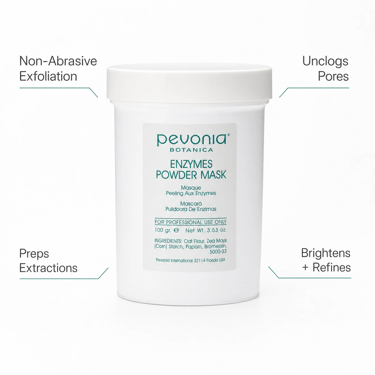 Pevonia Enzymes Powder Mask 100ml professional benefit callout image for non-abrasive exfoliation, pore unclogging, extraction preparation and texture refinement in salons, spas and clinics.