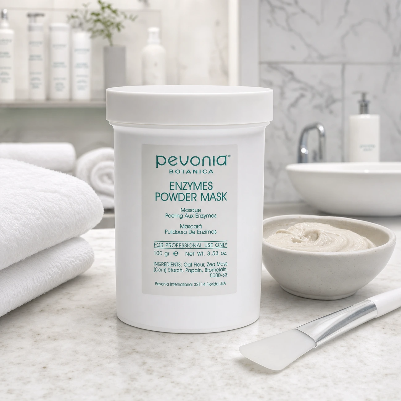 Pevonia Enzymes Powder Mask 100ml professional jar styled in a clean clinic treatment setting for Beauty Collective Pro.