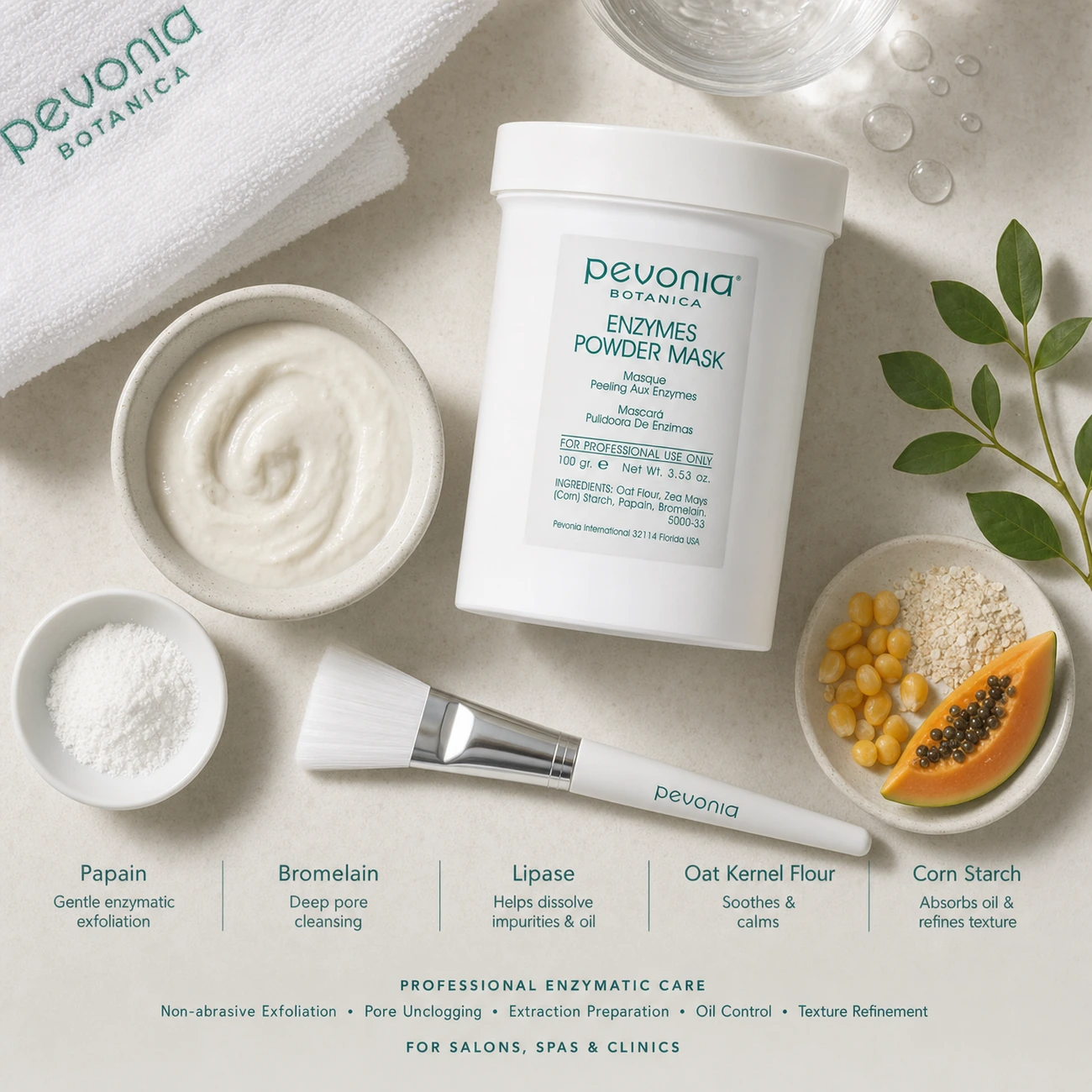 Pevonia Enzymes Powder Mask 100ml treatment-support flatlay with papain, bromelain, lipase, oat kernel flour and corn starch references.