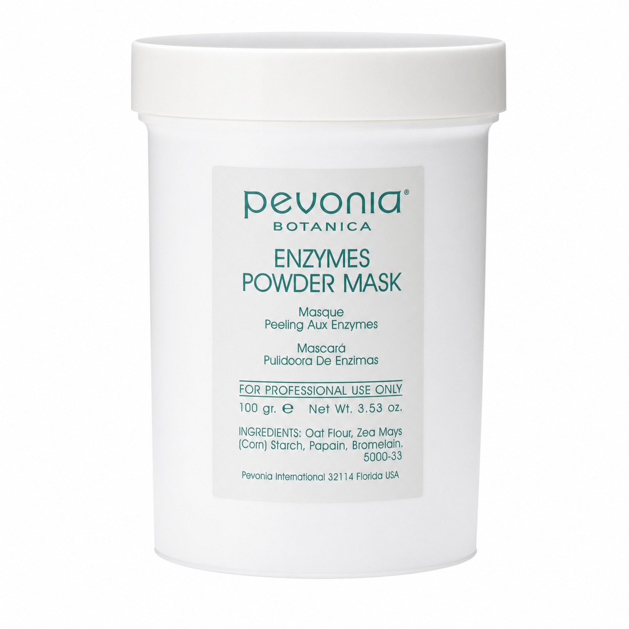 Pevonia Botanica Enzymes Powder Mask professional-use enzyme peeling mask in white tub