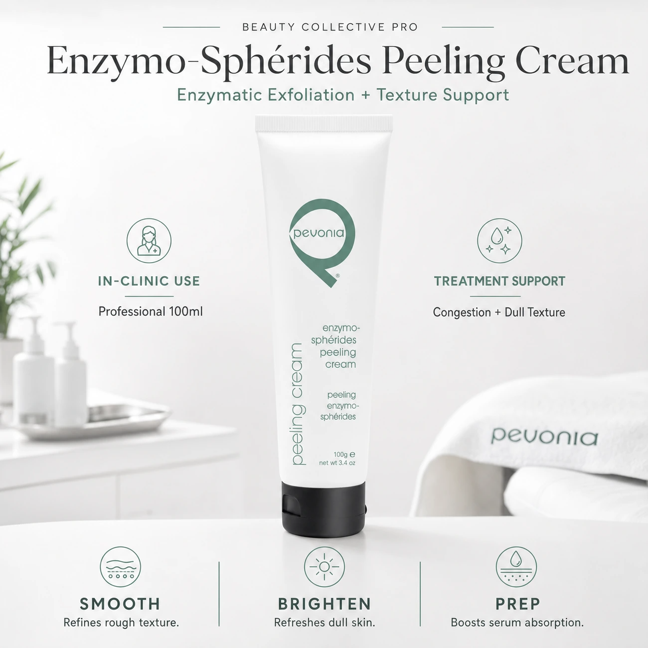 Pevonia Enzymo-Sphérides Peeling Cream 100ml clinic-use education image for professional enzymatic exfoliation, congestion clearing and texture refinement support.