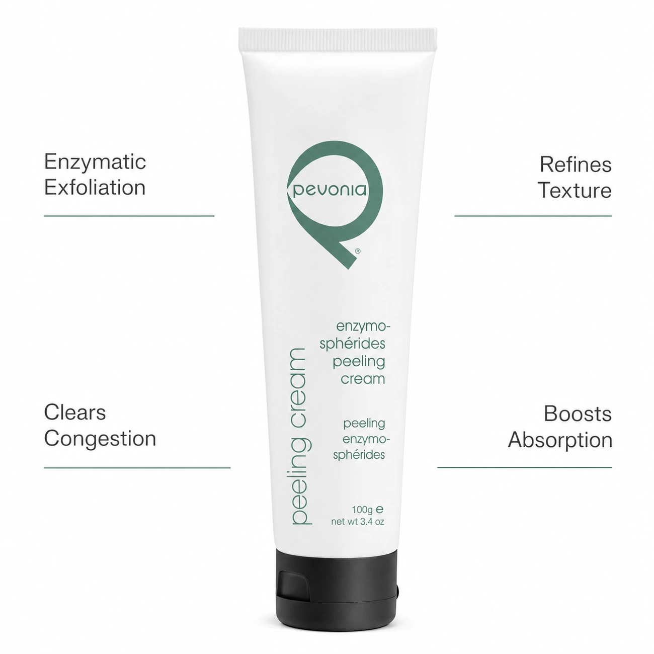 Pevonia Enzymo-Sphérides Peeling Cream 100ml professional benefit callout image for enzymatic exfoliation, texture refinement, congestion support and improved absorption in salons, spas and clinics.