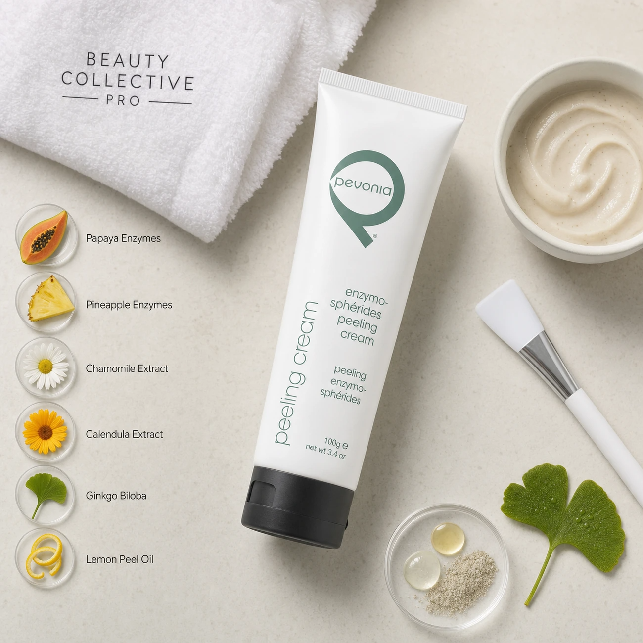 Pevonia Enzymo-Sphérides Peeling Cream 100ml treatment-support flatlay with papaya enzymes, pineapple enzymes, chamomile, calendula, ginkgo biloba and lemon peel oil references.