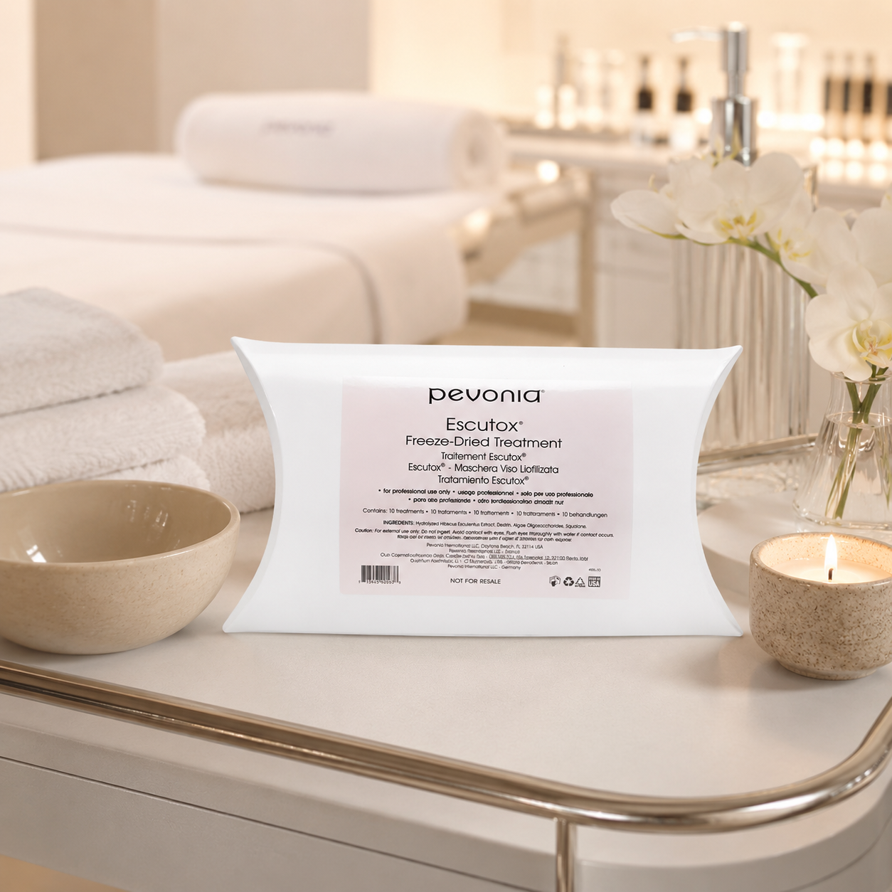 Pevonia Escutox Freeze-Dried Anti-Wrinkle Treatment displayed on a professional trolley in an upmarket spa treatment room, supporting targeted anti-ageing facial treatment preparation.