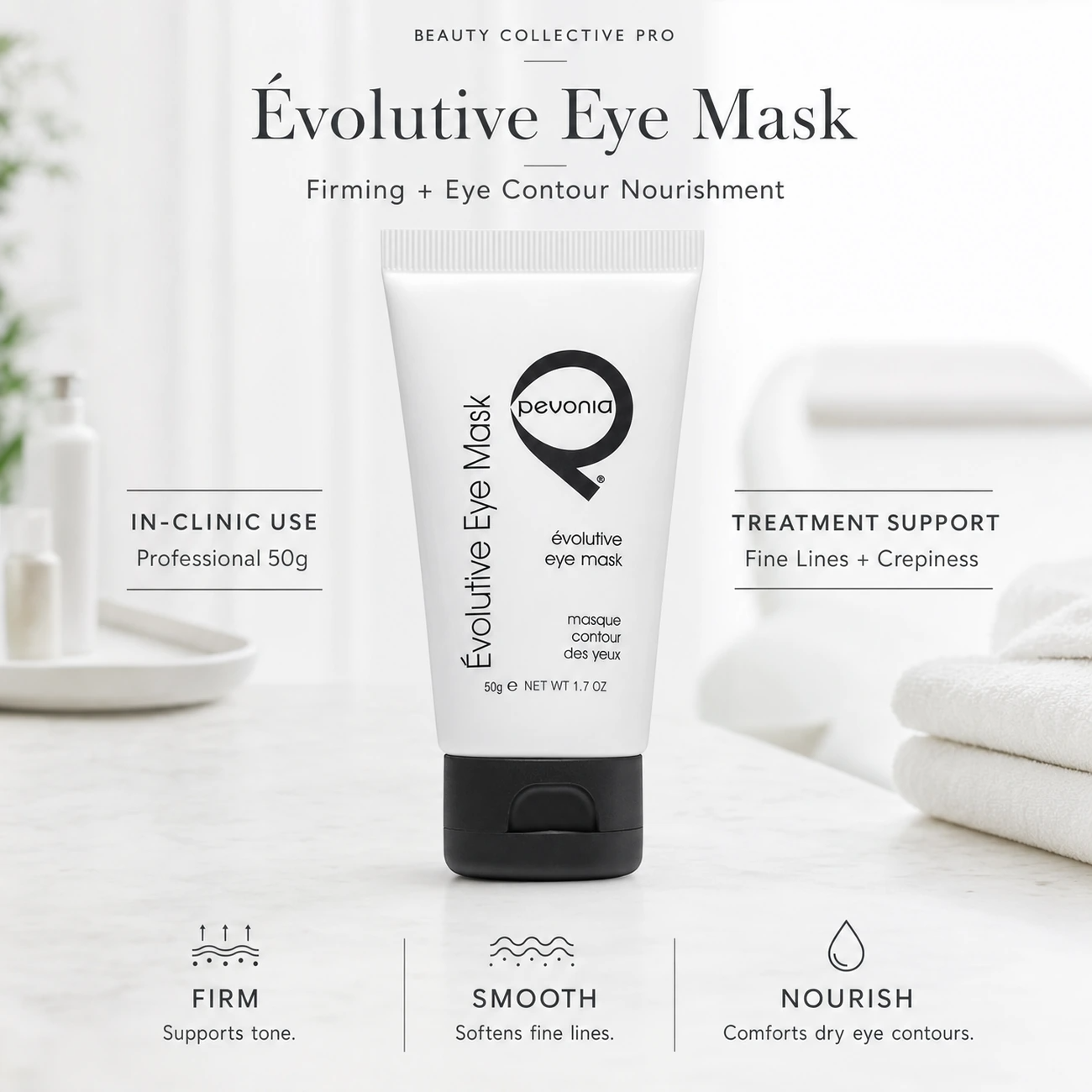 Pevonia Évolutive Eye Mask 50g treatment-support flatlay with squalane, vitamin A, vitamin E, sodium hyaluronate and superoxide dismutase references.