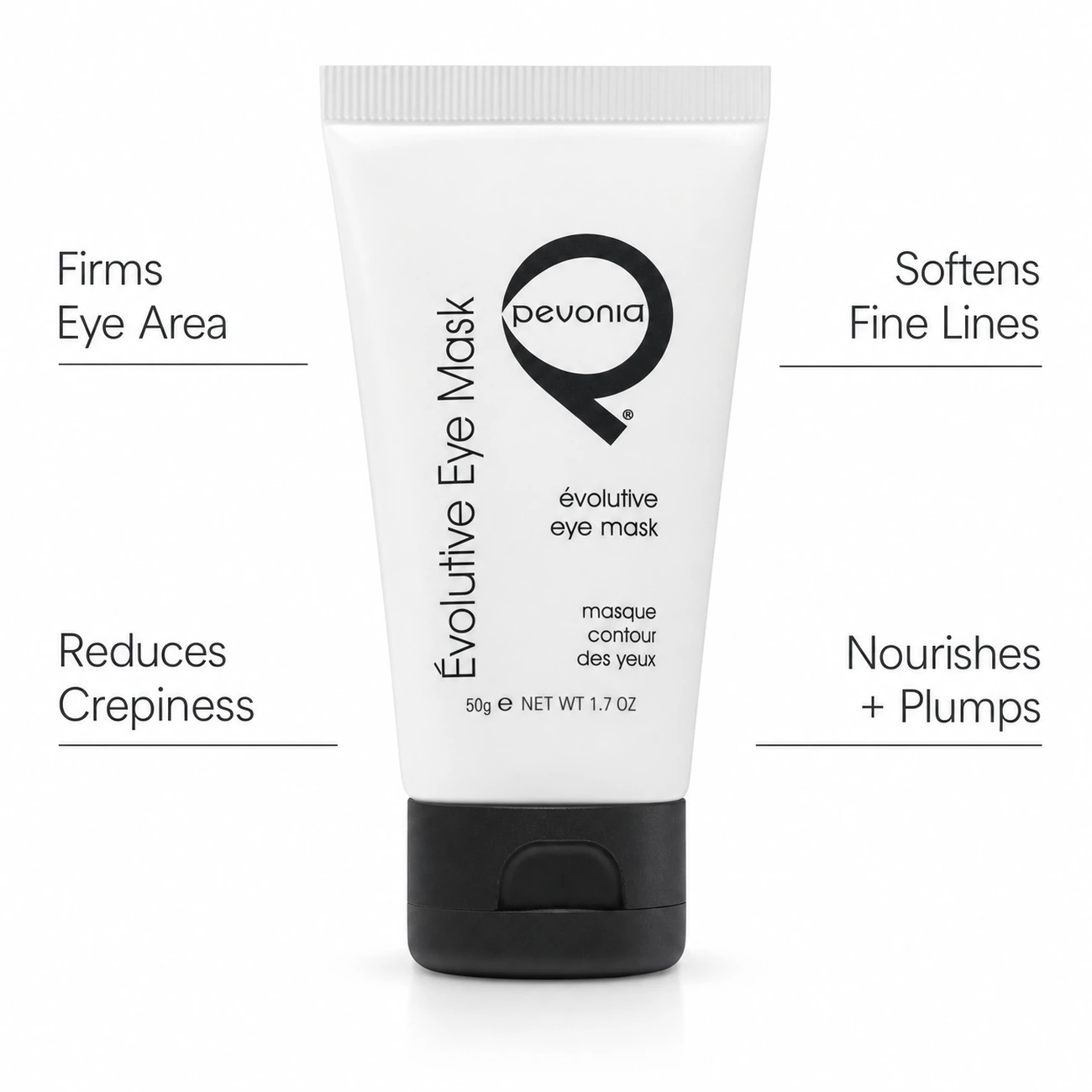 Pevonia Évolutive Eye Mask 50g professional benefit callout image for firming, fine lines, crepiness and eye contour nourishment in salons, spas and clinics.