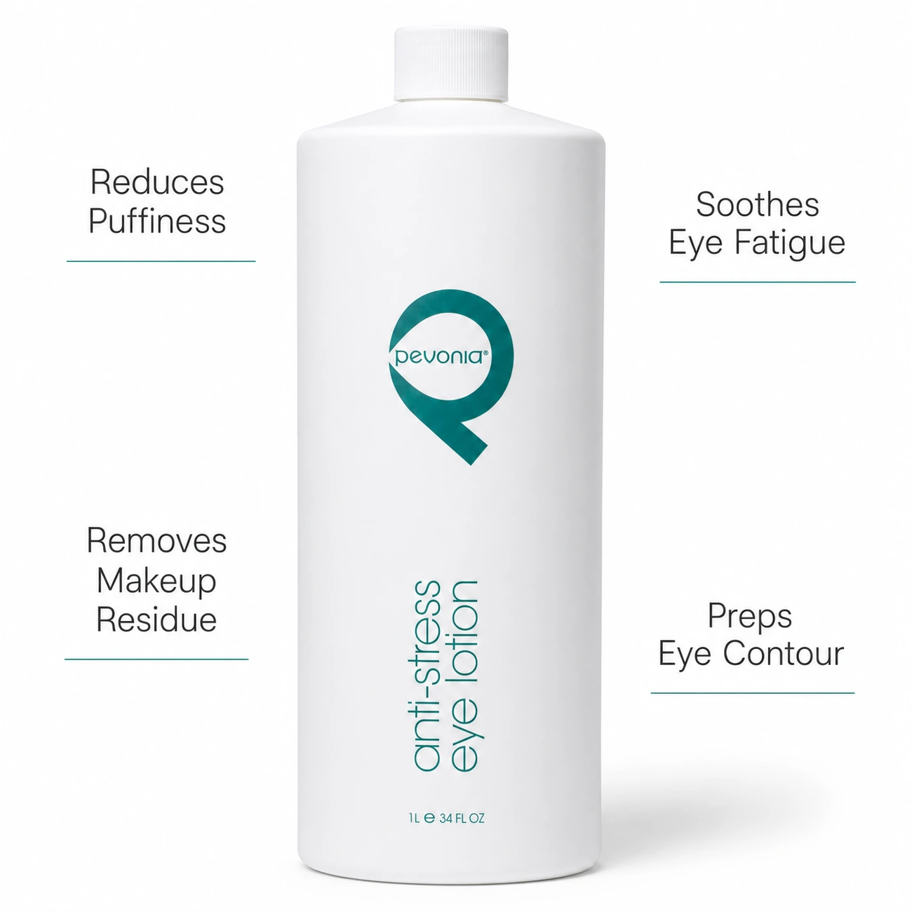 Pevonia Eye Lotion Anti-Stress 1000ml treatment-support flatlay with chamomile, lettuce leaf, calendula, sodium hyaluronate and panthenol references.