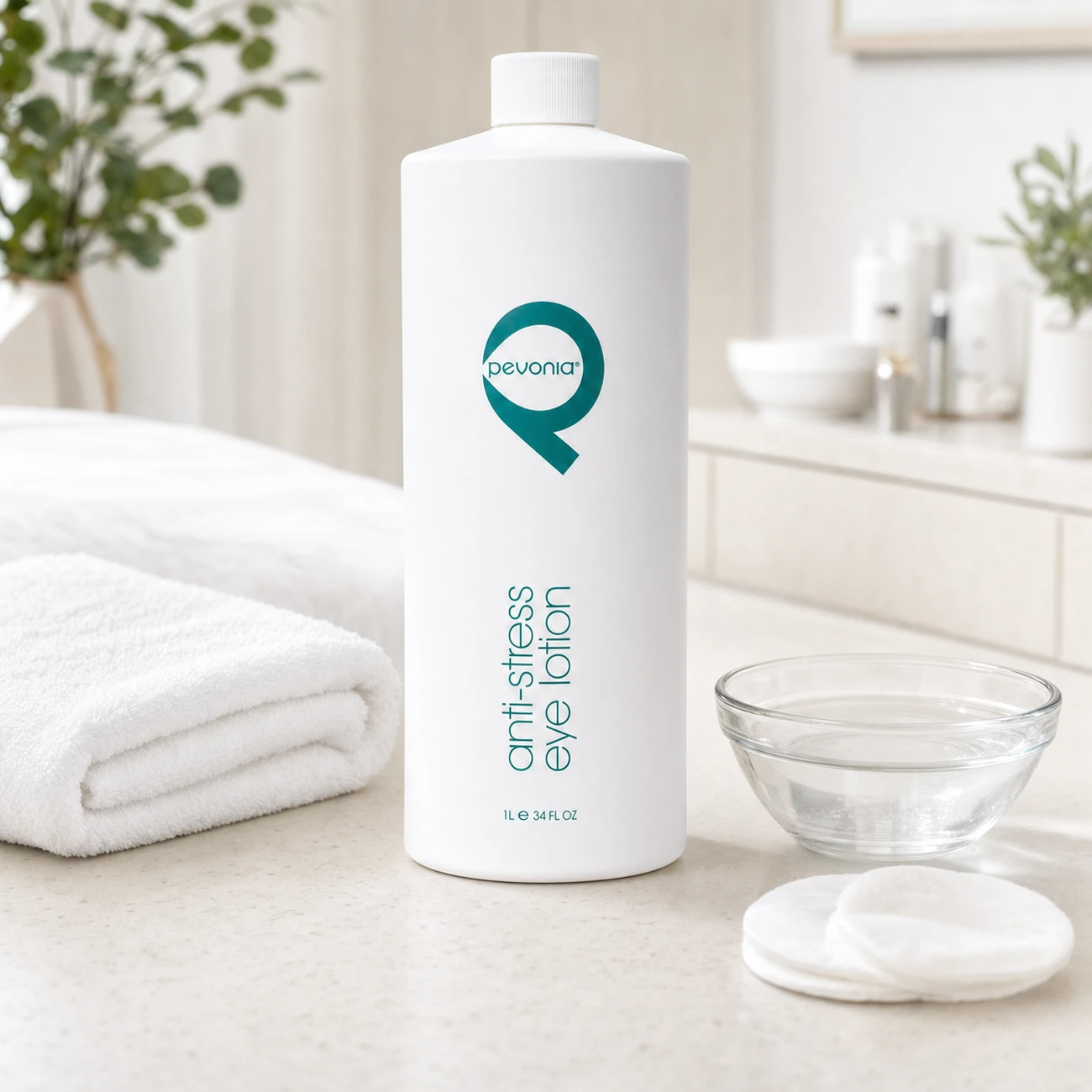Pevonia Eye Lotion Anti-Stress 1000ml professional bottle styled in a clean clinic treatment setting for Beauty Collective Pro.