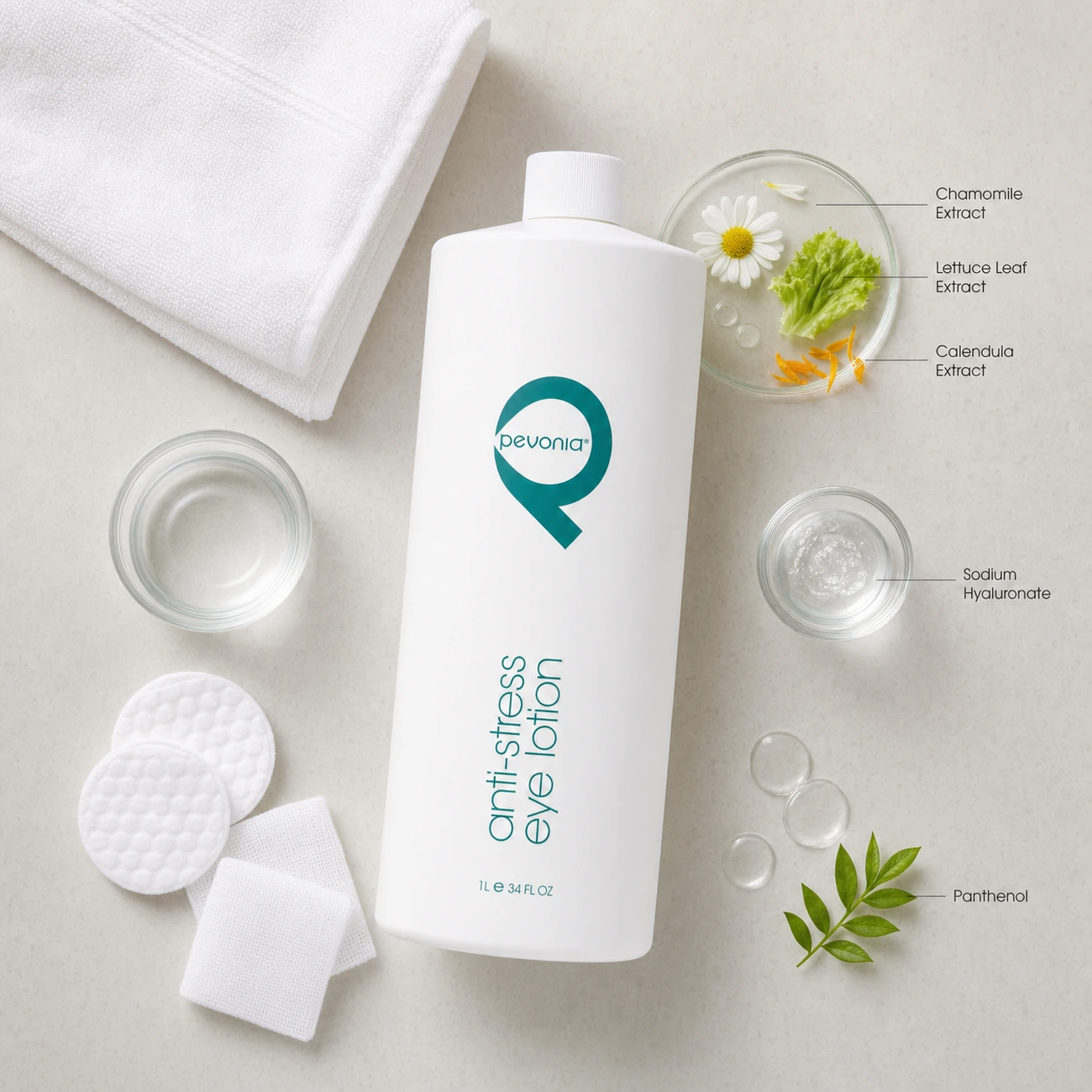 Pevonia Eye Lotion Anti-Stress 1000ml professional benefit callout image for puffiness, eye fatigue, makeup residue removal and eye contour preparation in salons, spas and clinics.