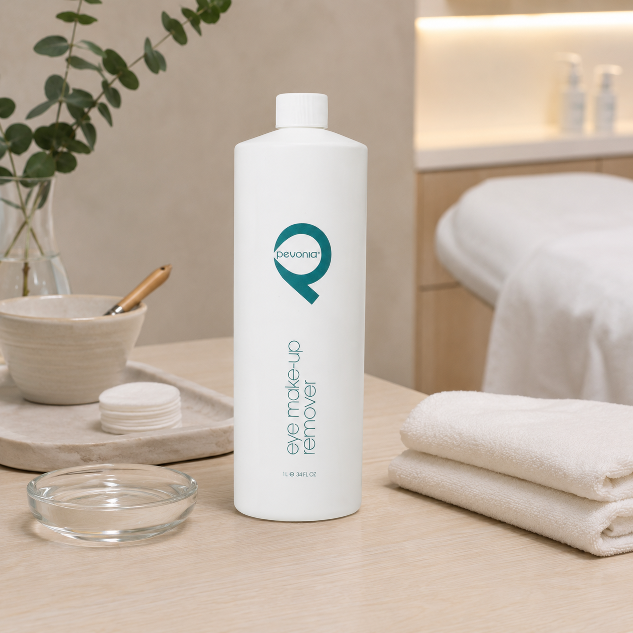 Pevonia Eye Makeup Remover 1000ml bottle displayed in an upmarket beauty clinic treatment room with unbranded eye cleansing accessories.