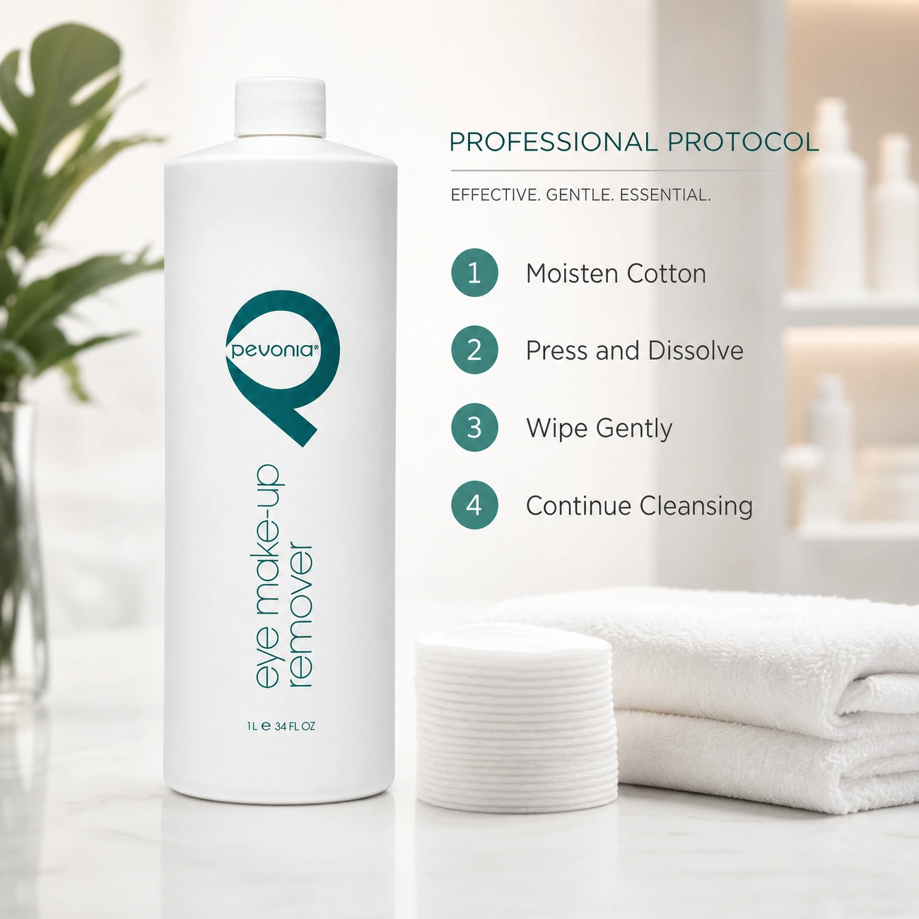 Pevonia Eye Make-Up Remover 1L clinic-use education image detailing professional eye makeup removal protocol steps for salon, spa and clinic use.