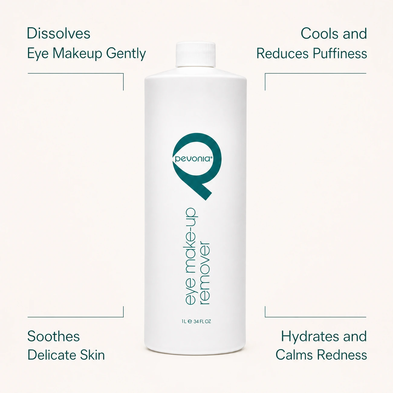 Pevonia Eye Make-Up Remover 1L professional benefit callout image for dissolving eye makeup, cooling, reducing puffiness, soothing and hydrating delicate eye skin.