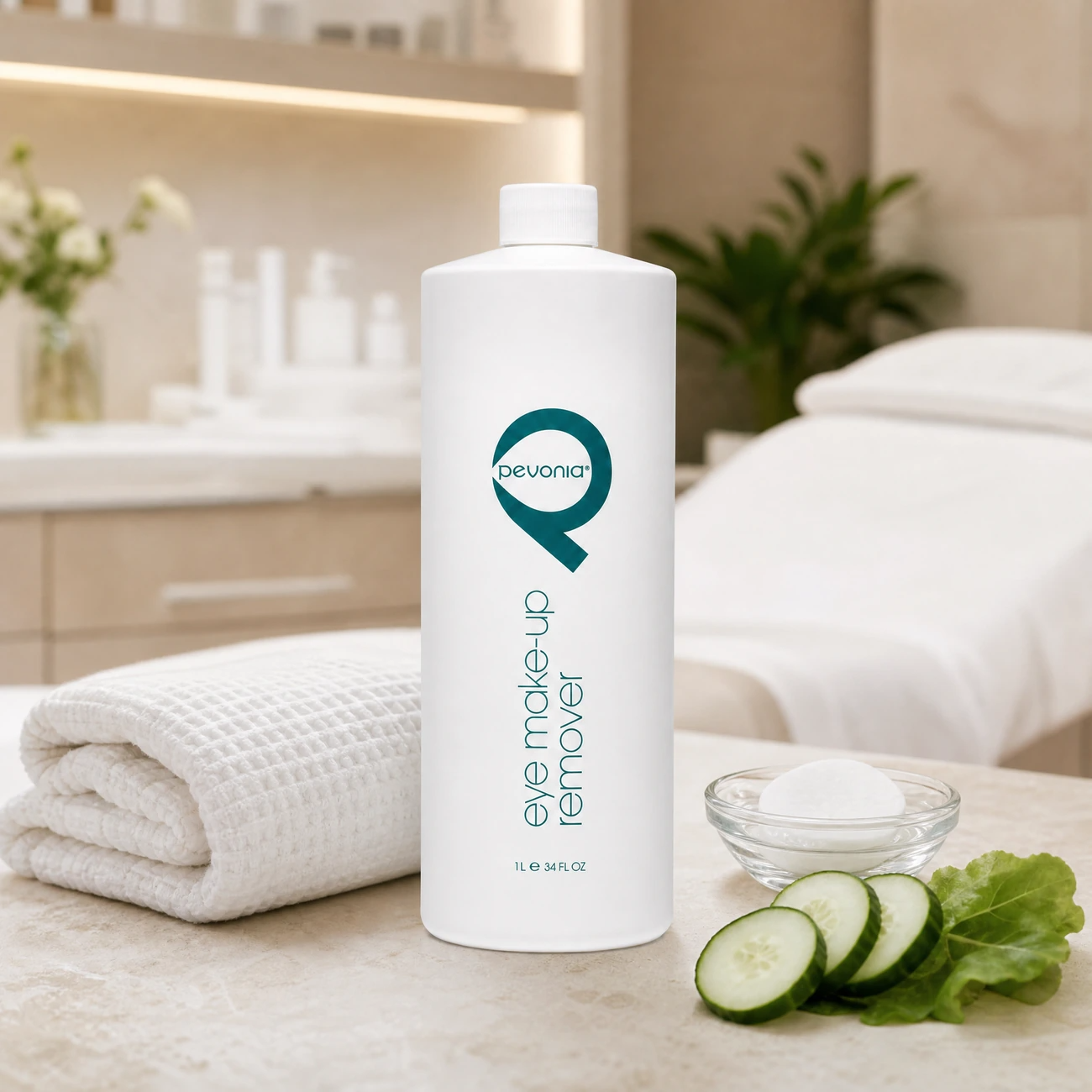 Pevonia Eye Make-Up Remover 1L professional bottle styled in a serene day spa treatment room for Beauty Collective Pro.