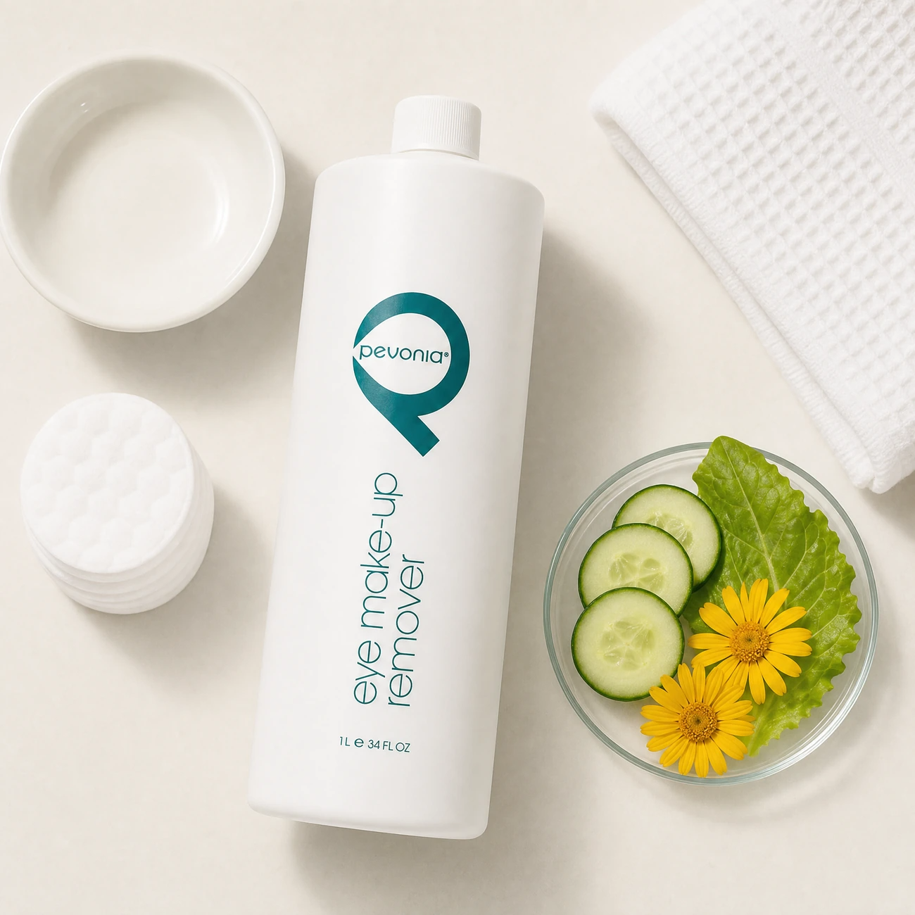 evonia Eye Make-Up Remover 1L treatment-support flatlay with cotton pads, cucumber, lettuce and arnica botanical references.