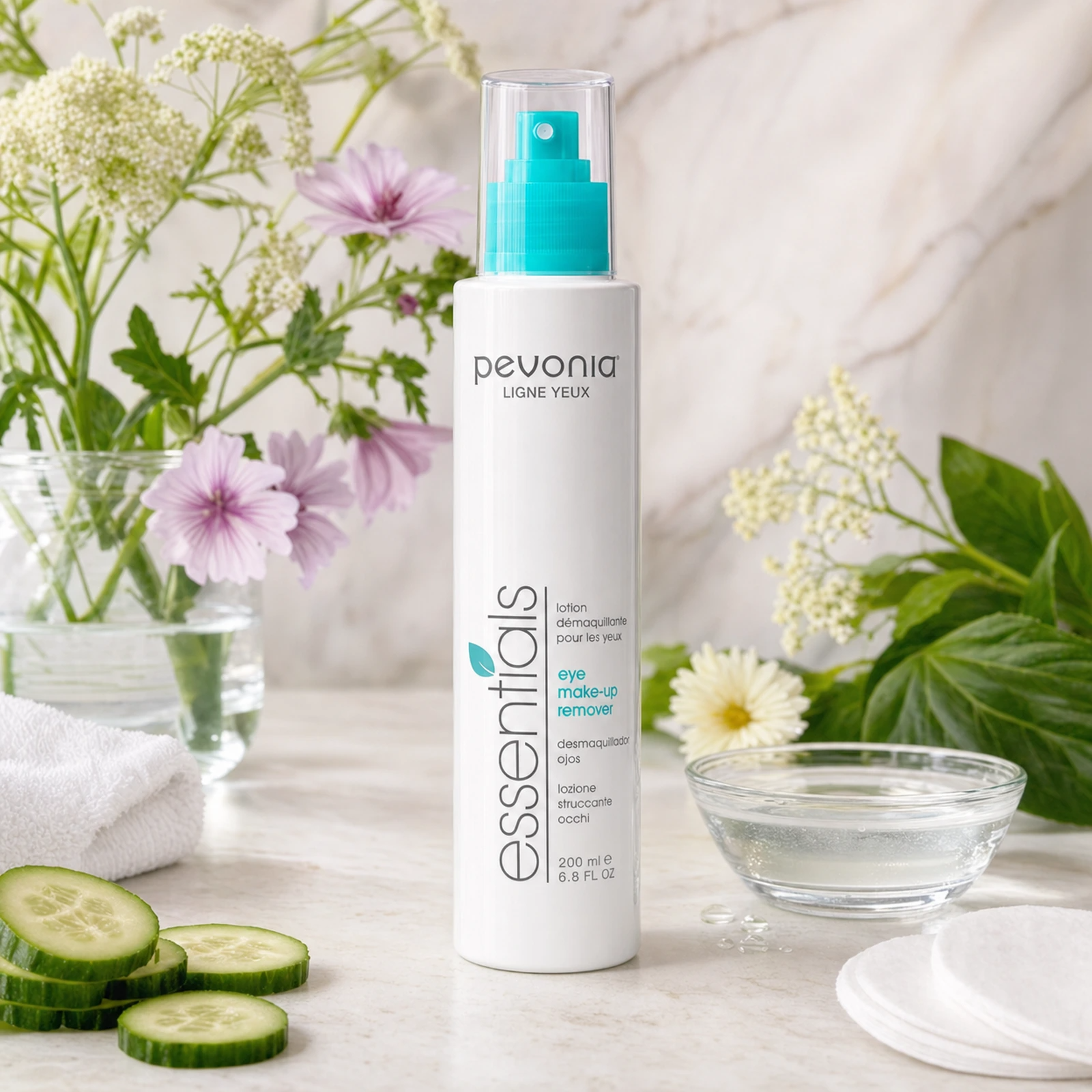 Pevonia Eye Makeup Remover 200ml on a luxury bathroom vanity for sensitive eyes and gentle daily makeup removal