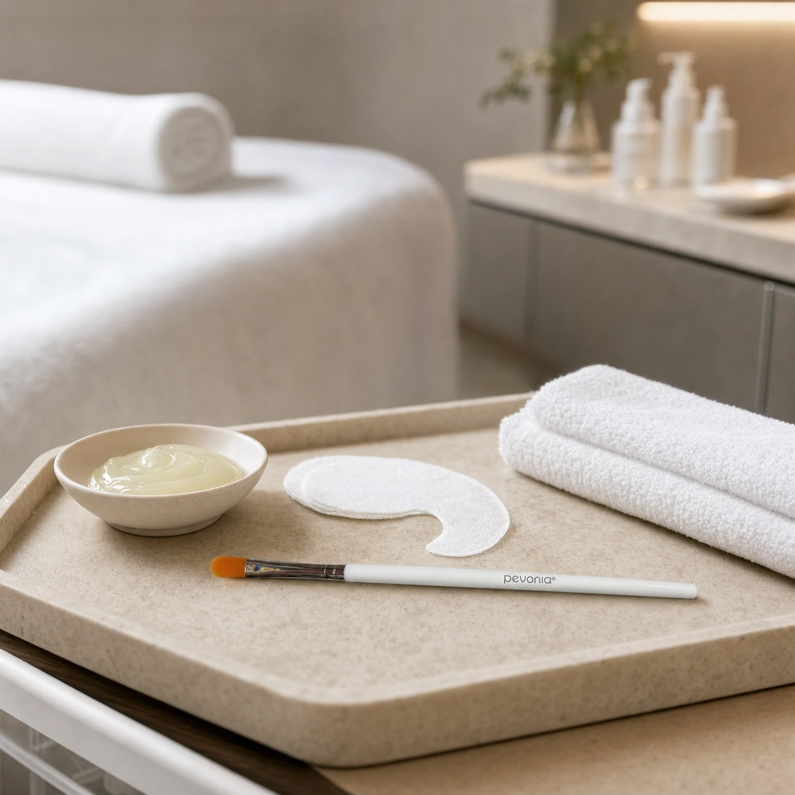 Pevonia Eye Mask Brush displayed in an upmarket facial treatment room with eye mask preparation accessories, cotton rounds and a therapist trolley.