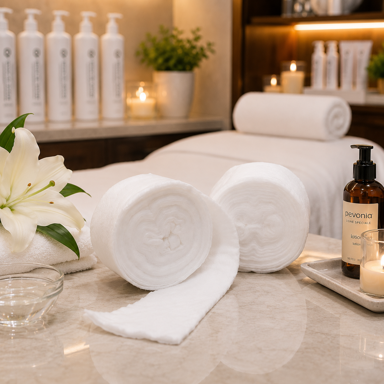 Pevonia Eye Pads 2 rolls displayed in a luxury spa treatment room for professional facial treatments.Spa setting with towels, candles, and skincare products on a counter.