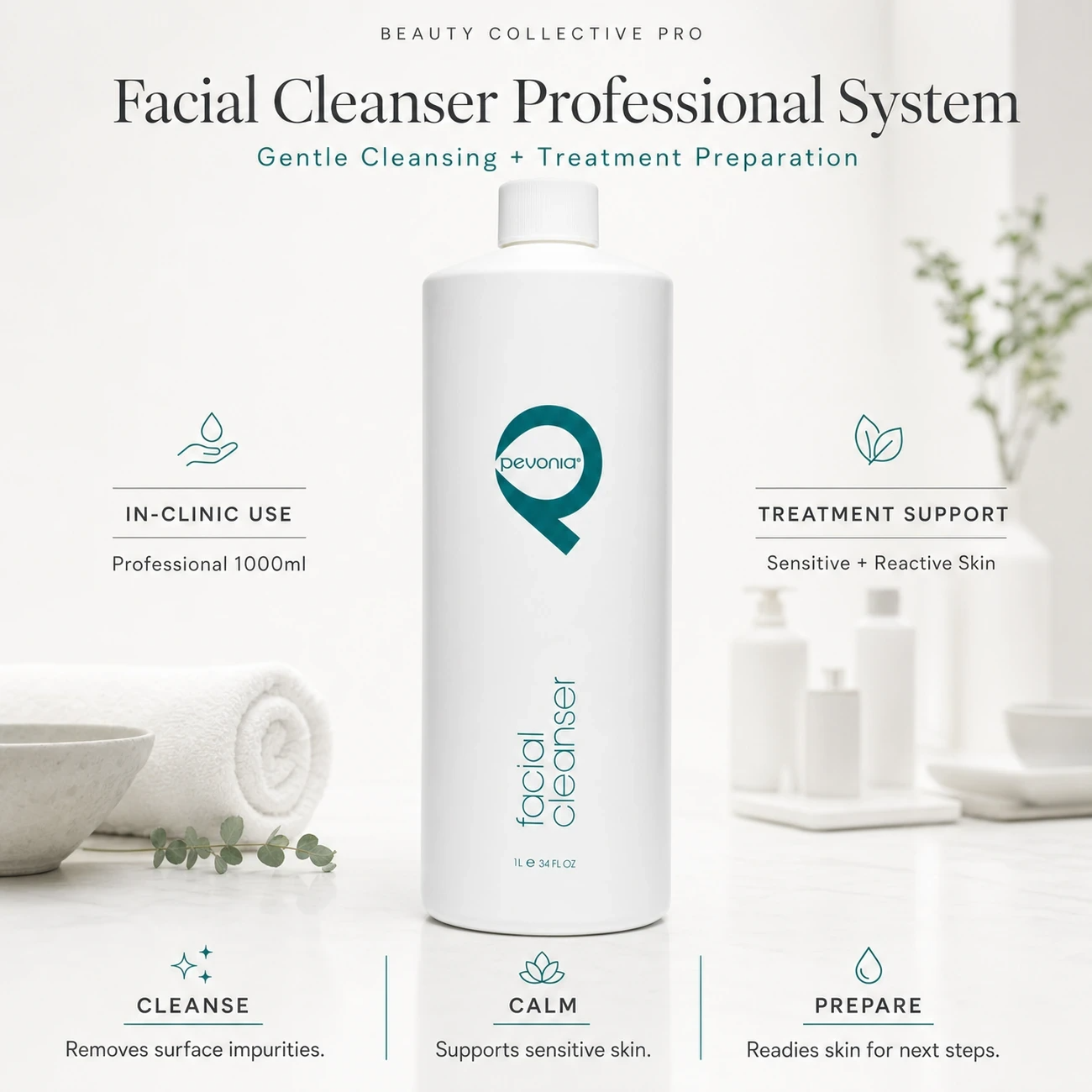Pevonia Facial Cleanser 1000ml clinic-use education image for professional cleansing, calming and treatment preparation support.
