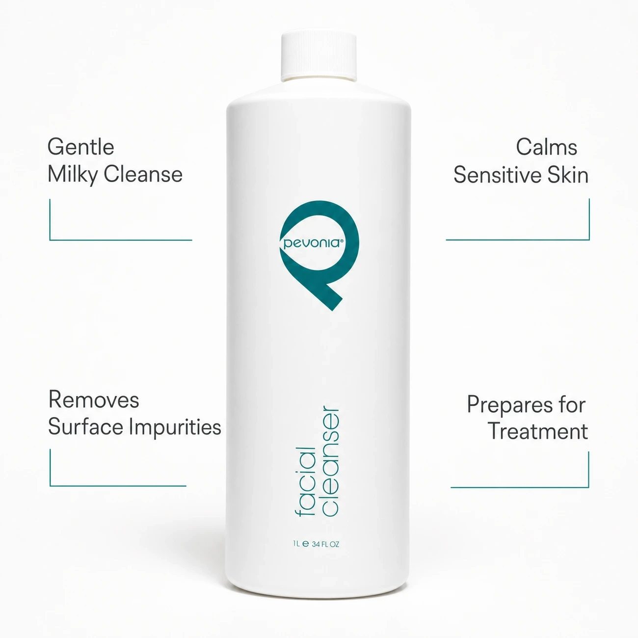 Pevonia Facial Cleanser 1000ml professional benefit callout image for gentle cleansing, sensitive skin calming and treatment preparation in salons, spas and clinics.