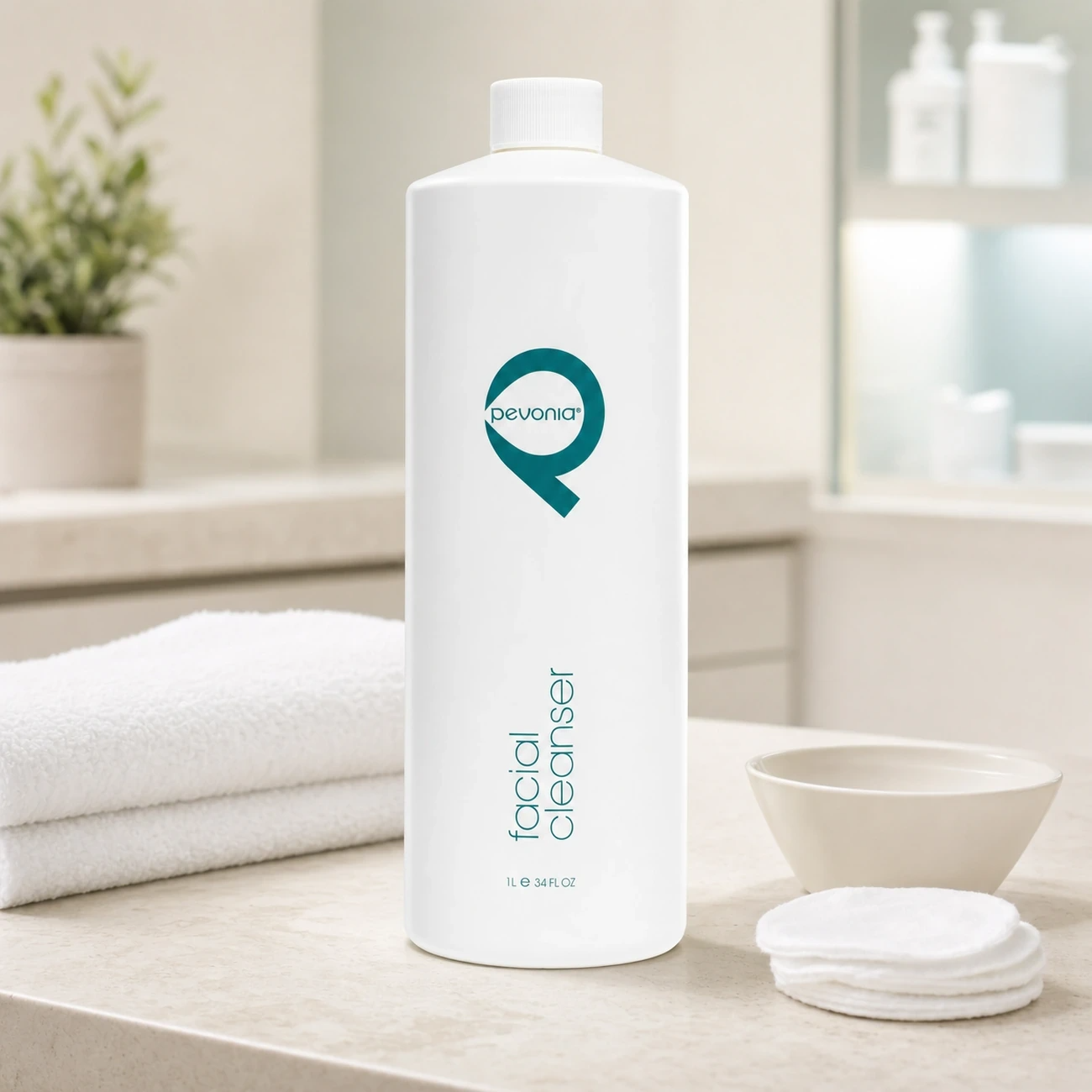 Pevonia Facial Cleanser 1000ml professional bottle styled in a clean clinic treatment setting for Beauty Collective Pro.