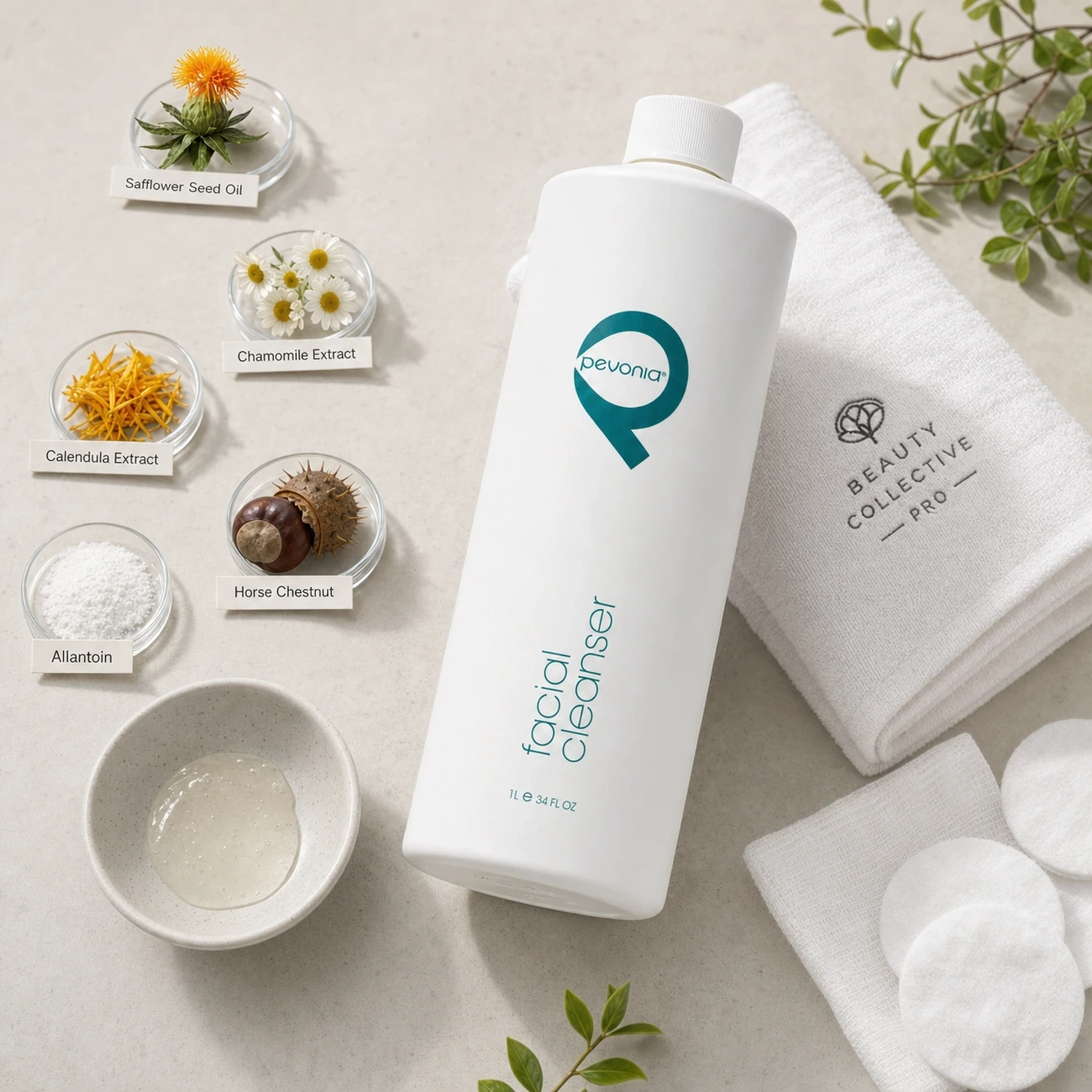 Pevonia Facial Cleanser 1000ml treatment-support flatlay with safflower seed oil, chamomile, calendula, horse chestnut and allantoin references.