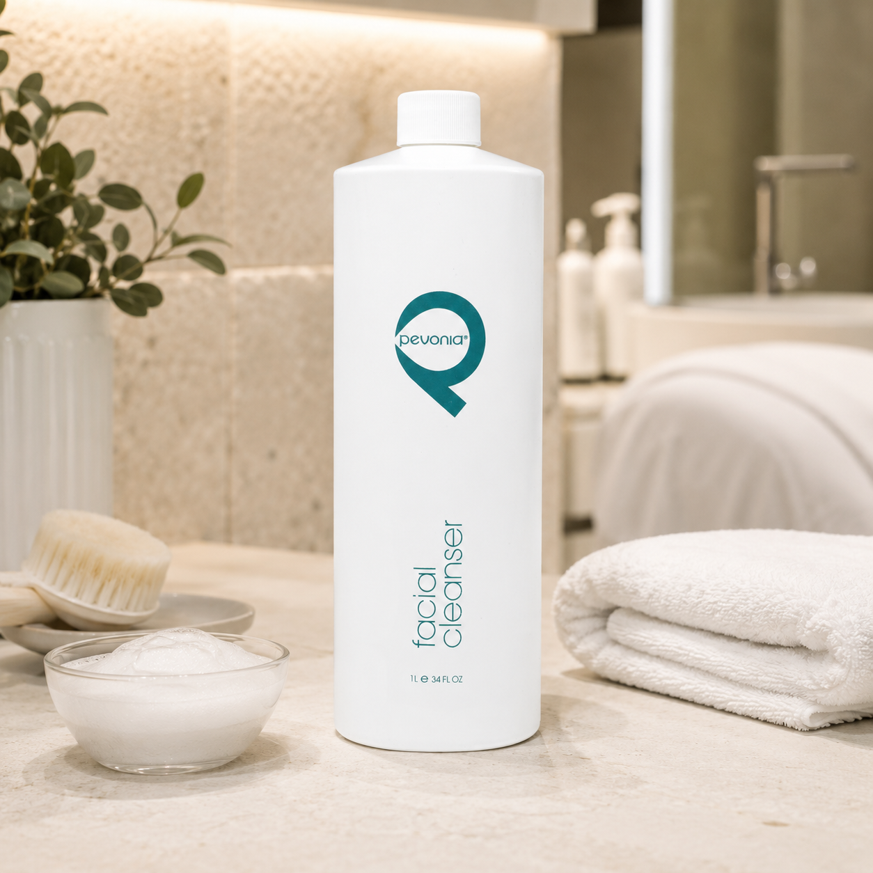 Pevonia Facial Cleanser professional 1000ml bottle displayed in a luxury spa treatment room with cleansing accessories.
