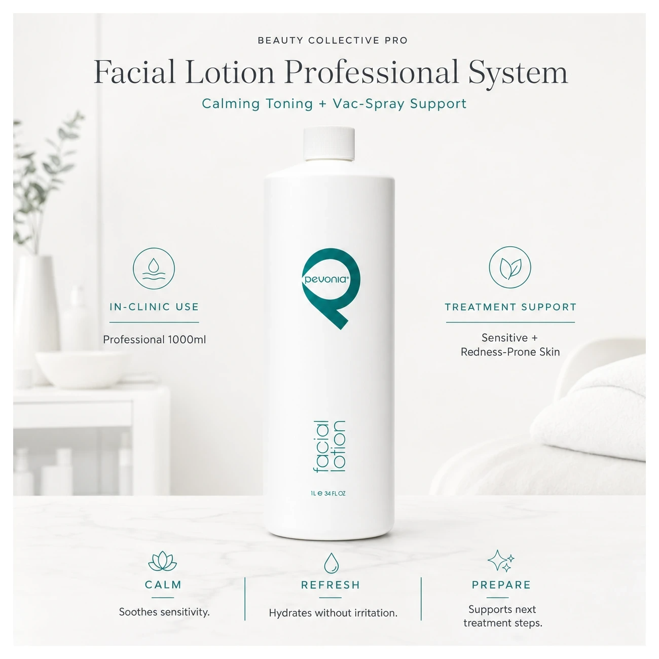 Pevonia Facial Lotion 1000ml professional benefit callout image for calming, toning and Vac-Spray support in salons, spas and clinics.