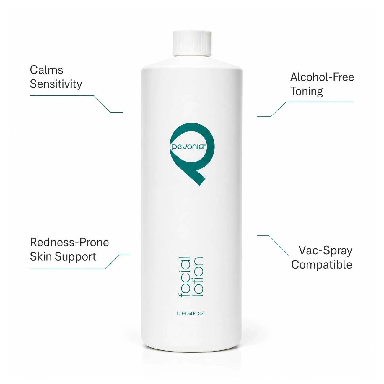 Pevonia Facial Lotion 1000ml clinic-use education image for professional calming, refreshing and Vac-Spray facial treatment support.