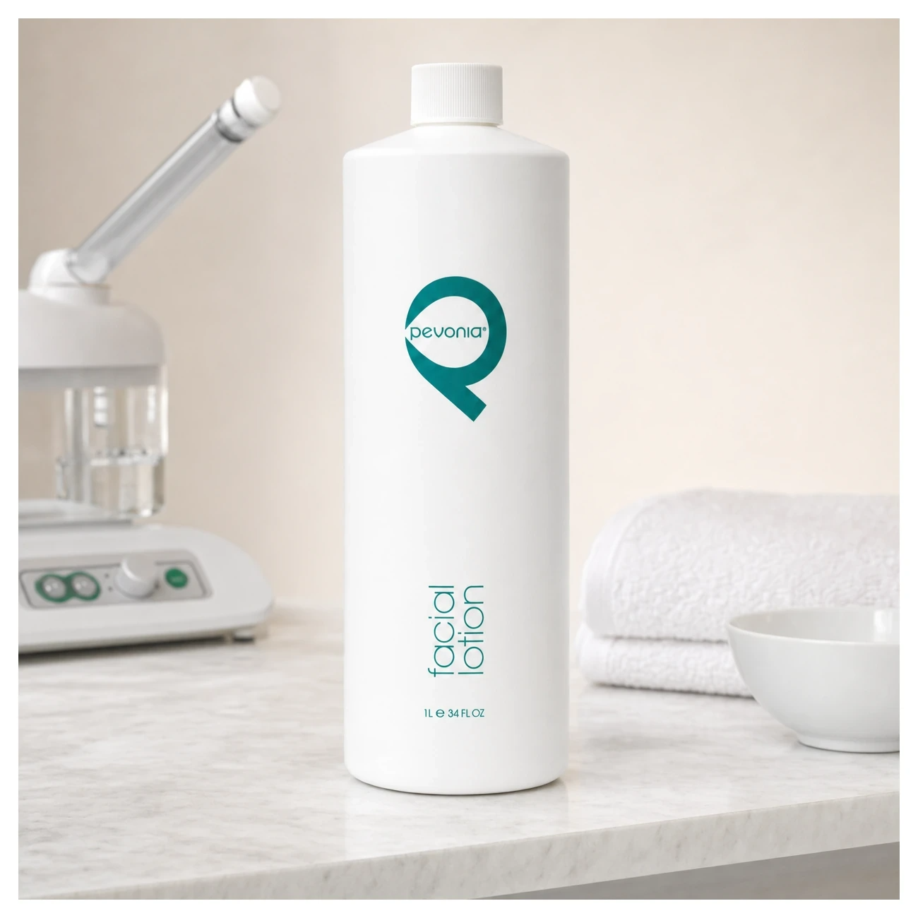 Pevonia Facial Lotion 1000ml professional bottle styled in a clean clinic treatment setting for Beauty Collective Pro.