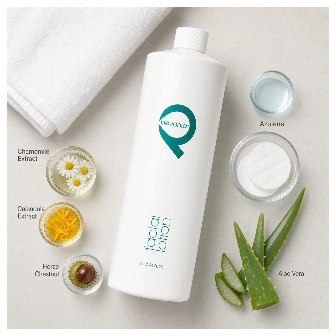Pevonia Facial Lotion 1000ml treatment-support flatlay with chamomile, calendula, aloe vera, horse chestnut and azulene references.