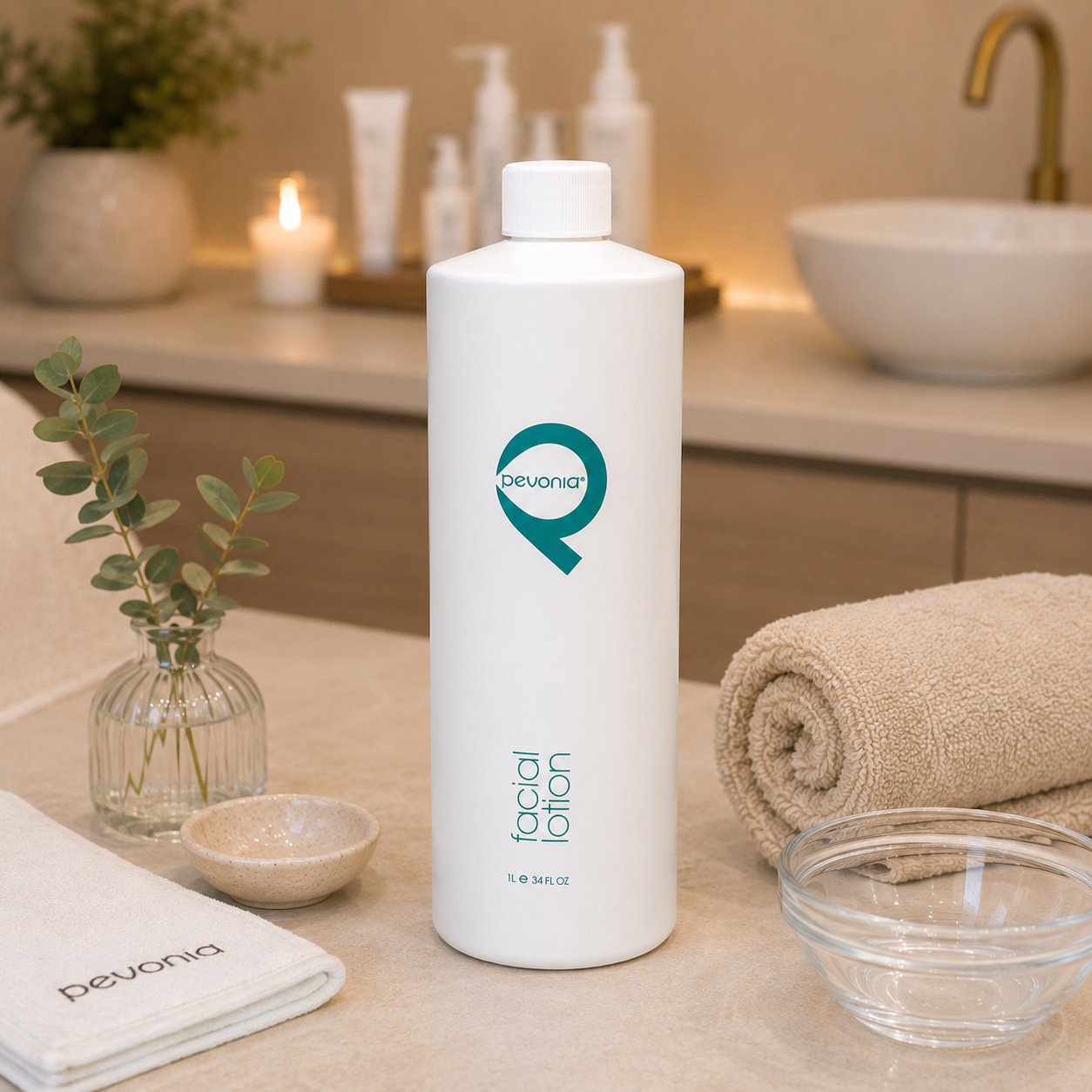Pevonia professional size Facial Lotion 1L displayed in a luxury professional spa treatment room with facial treatment accessories and soft neutral styling.