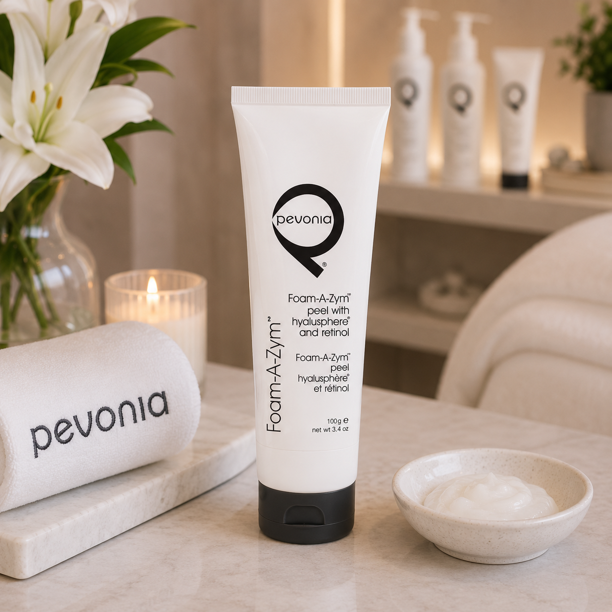 Pevonia Foam-A-Zym Peel 100g displayed in a luxury spa treatment room for exfoliating professional facial treatments.