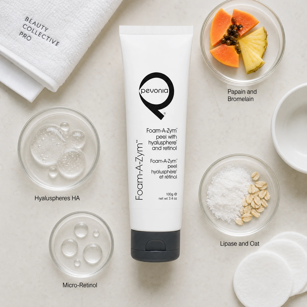 Pevonia Foam-A-Zym Peel with Hyalusphere and Retinol 100g ingredients flatlay with papain and bromelain, Hyaluspheres HA, micro-retinol, and lipase and oat in clean glass petri dishes for professional B2B education.