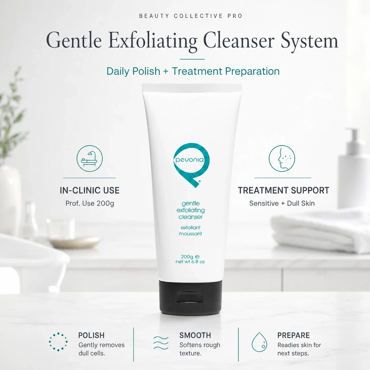 Pevonia Gentle Exfoliating Cleanser 200g clinic-use education image for professional exfoliating cleanse, smoothing and treatment preparation support.