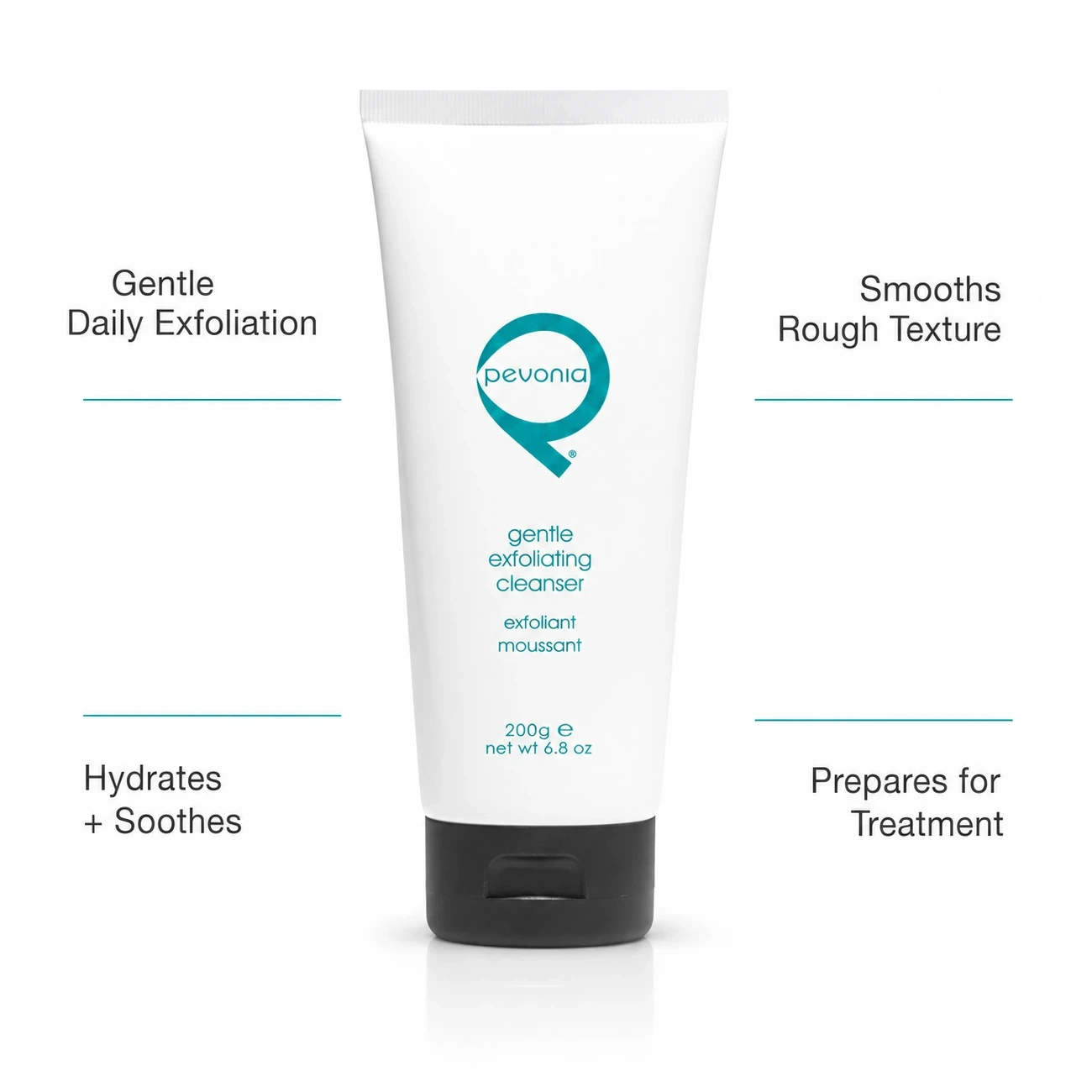 Pevonia Gentle Exfoliating Cleanser 200g professional benefit callout image for gentle exfoliation, smoothing and treatment preparation in salons, spas and clinics.