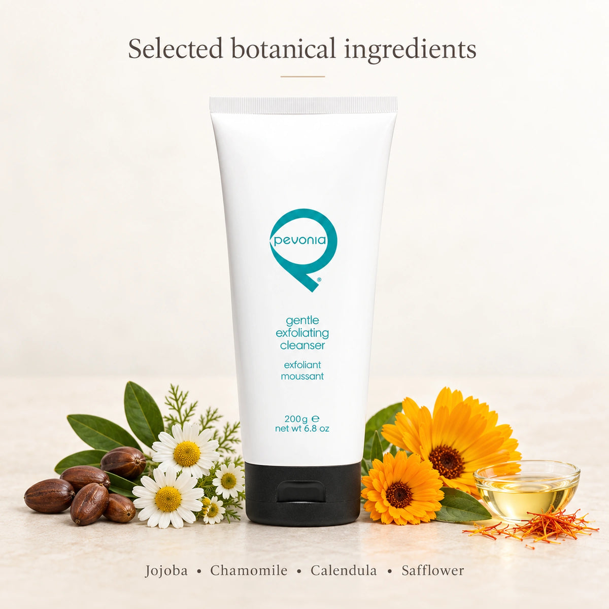 Pevonia Gentle Exfoliating Cleanser 200 g with jojoba, chamomile, calendula and safflower ingredient references