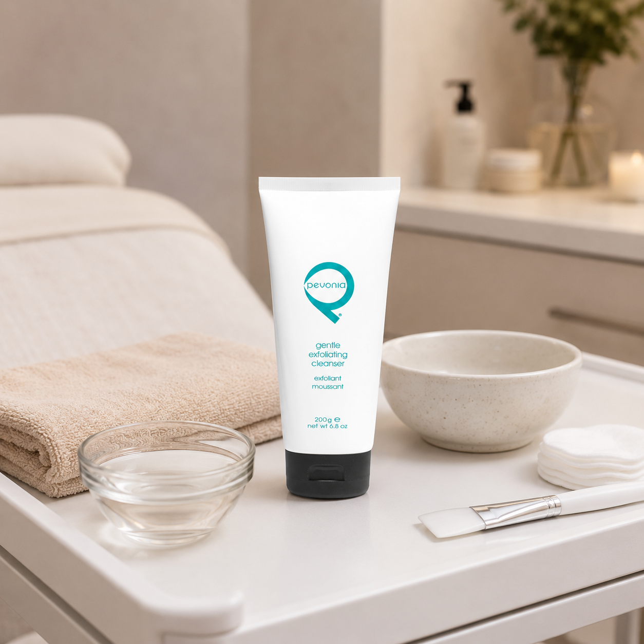 Pevonia Gentle Exfoliating Cleanser 200g tube displayed on a therapist trolley in a day spa facial treatment room with unbranded cleansing accessories.