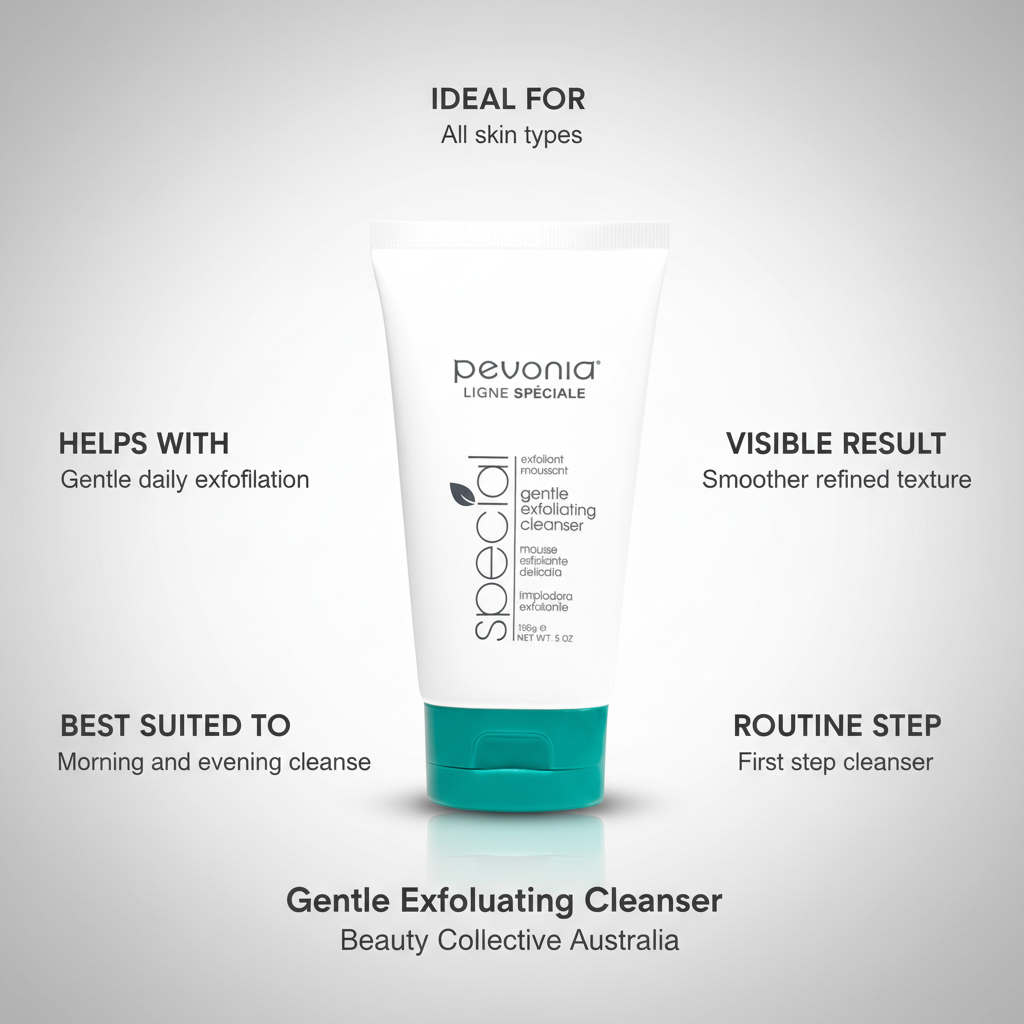 Pevonia Gentle Exfoliating Cleanser  retail size 150g tubes wit call out lines botanical jojoba bead exfoliating facial cleanser for end consumer use