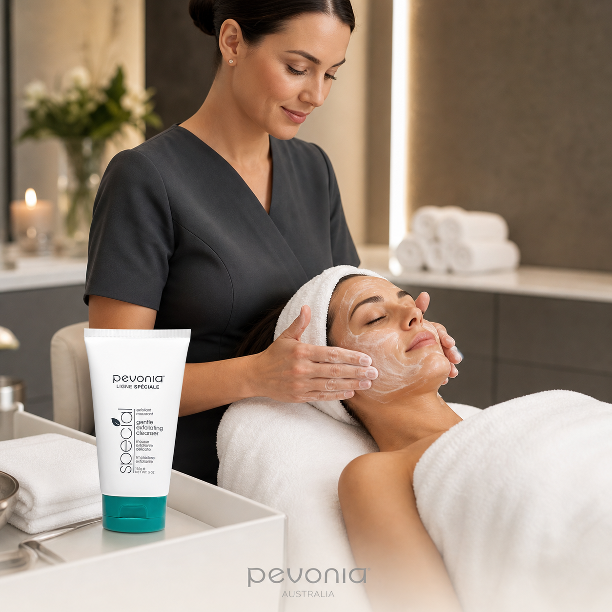 Beauty therapist using Pevonia Gentle Exfoliating Cleanser during a professional facial treatment in a clinic, with the cleanser tube displayed beside the treatment bed.