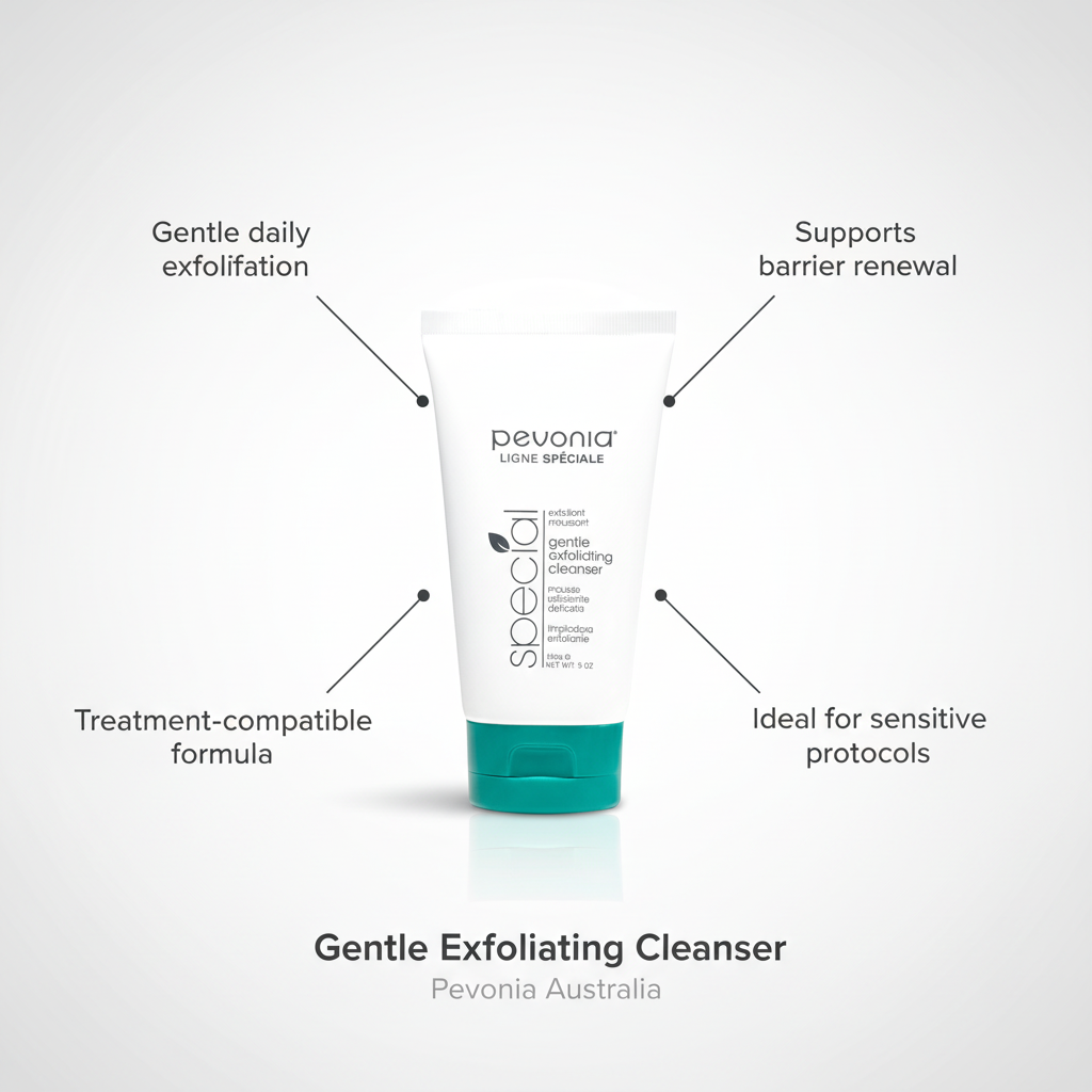 Pevonia Gentle Exfoliating Cleanser professional benefits image showing product tube with callouts for gentle daily exfoliation, barrier renewal support, treatment-compatible formula and sensitive protocol use.
