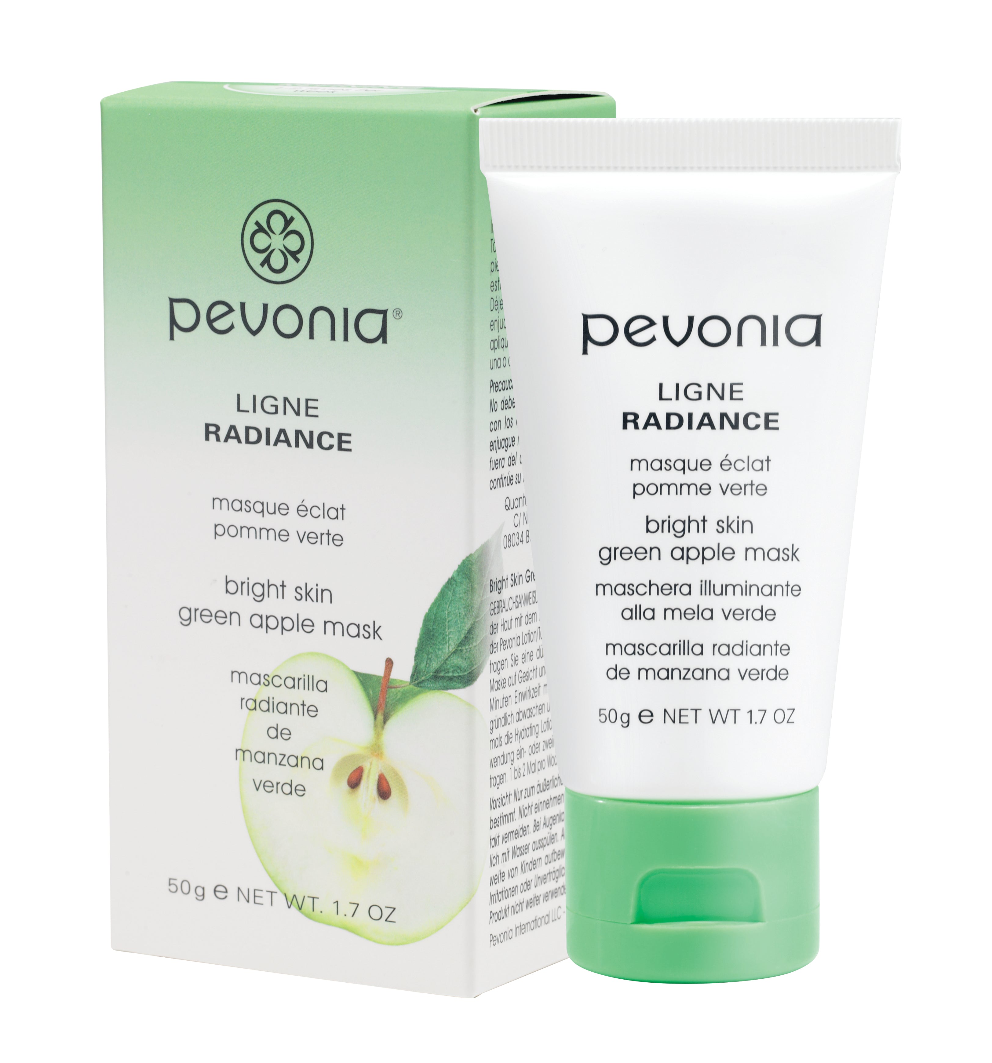 Pevonia Green Apple Mask 50g retail product image with tube and box packaging for brightening, radiance and dull skin support.