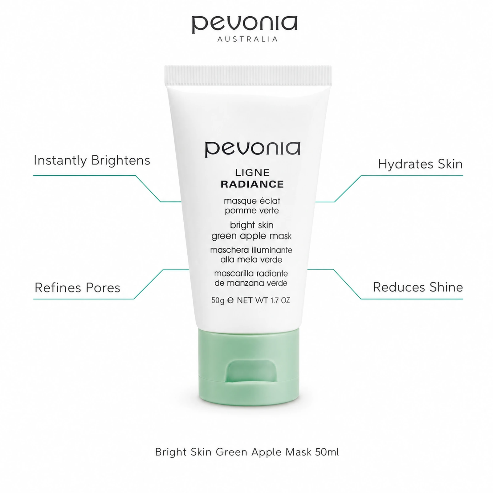 Pevonia Green Apple Mask 50ml benefit callout image highlighting brightening, hydration, pore refining and shine reduction benefits.
