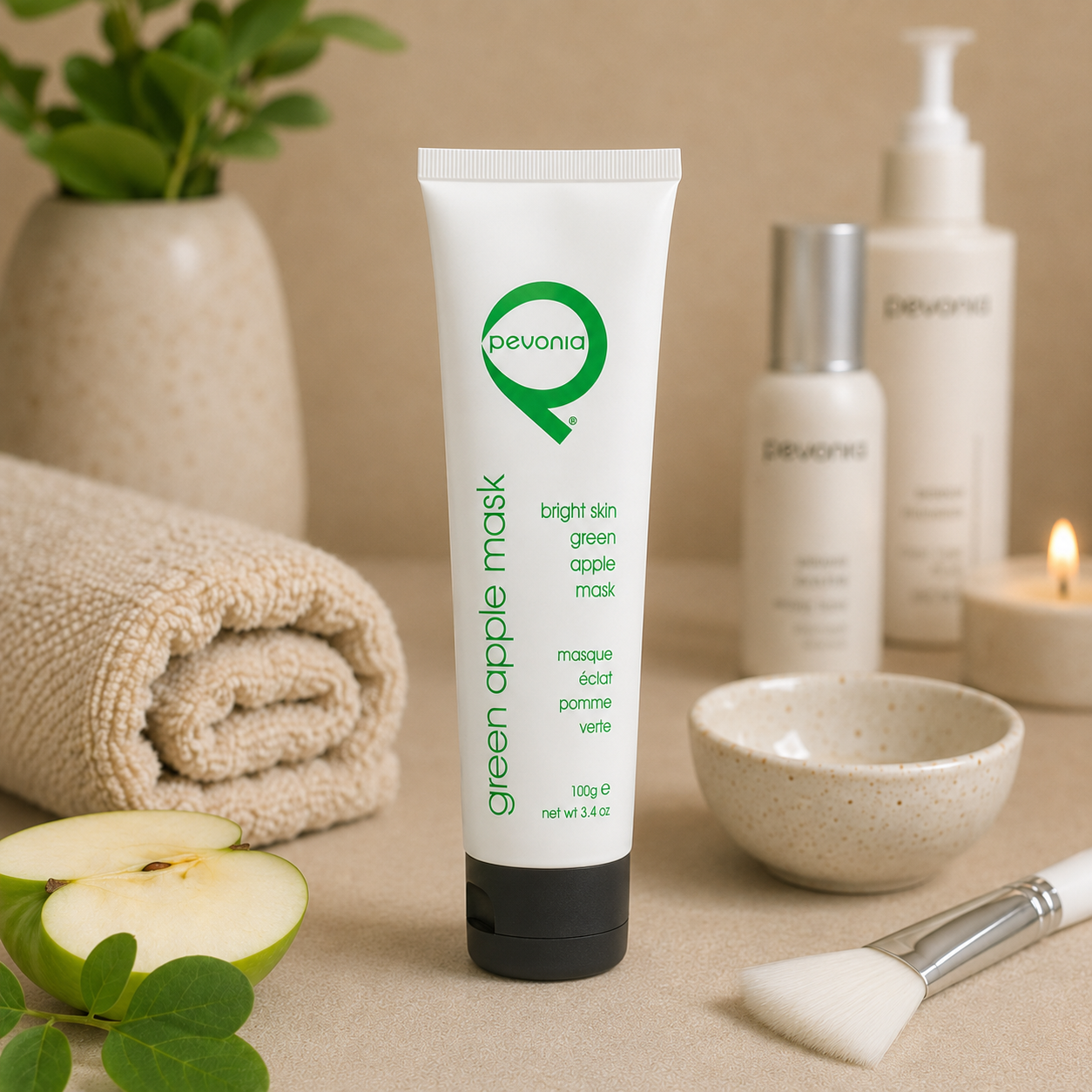 Pevonia Green Apple Mask professional 100g tube displayed in a luxury spa treatment setting with facial mask accessories.