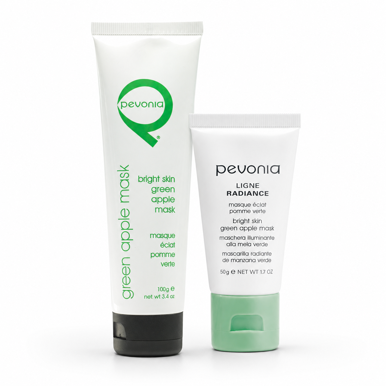 Pevonia Green Apple Mask retail and professional variant image showing the 50g retail tube and 100g professional tube together on a clean white background.
